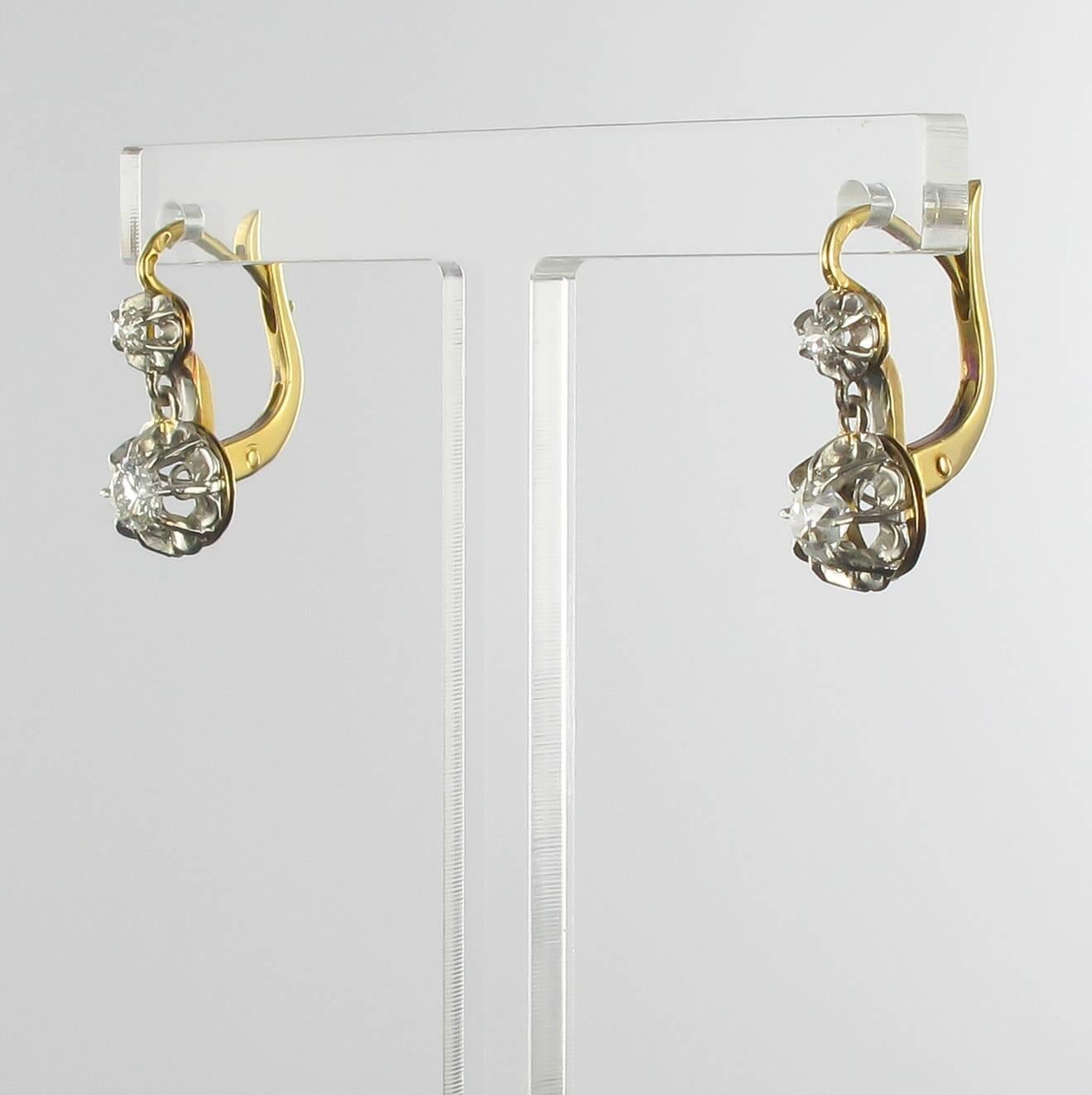 French 19th Century Diamond Gold Drop Earrings In Excellent Condition In Poitiers, FR