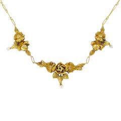 French 1900s Roses and Natural Pearl Gold Necklace 10