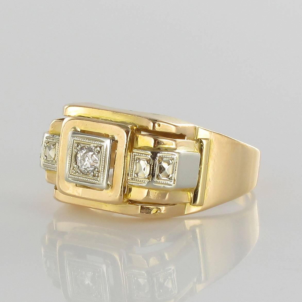 Retro 1950s French Diamond Yellow Gold Tank Ring