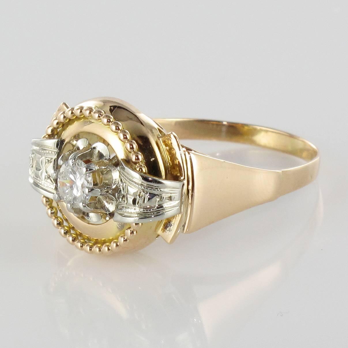 French 1950s Yellow and White Gold Diamond Ring In Excellent Condition In Poitiers, FR