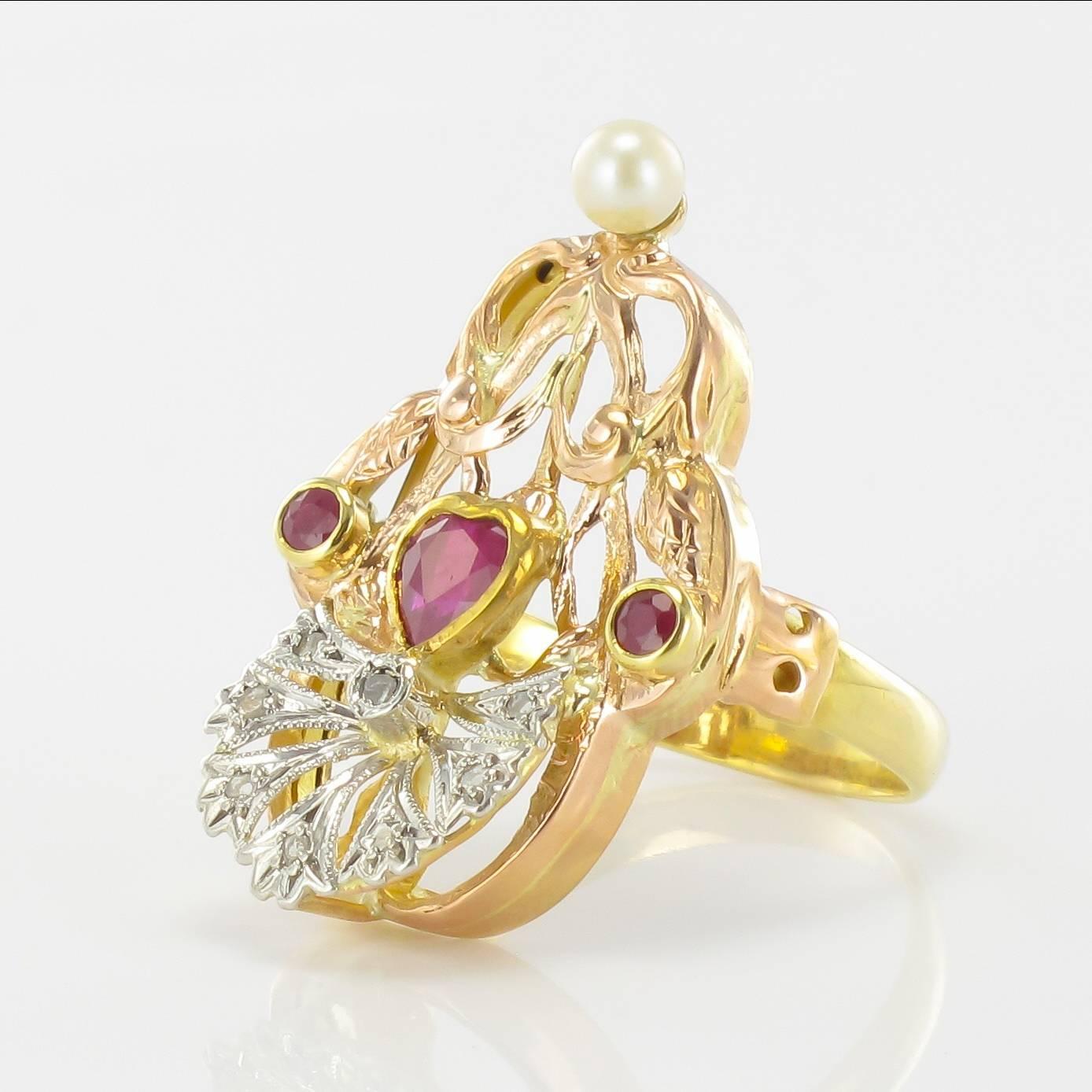 Rose Cut French Art Nouveau Ruby Diamond and Pearl Ring