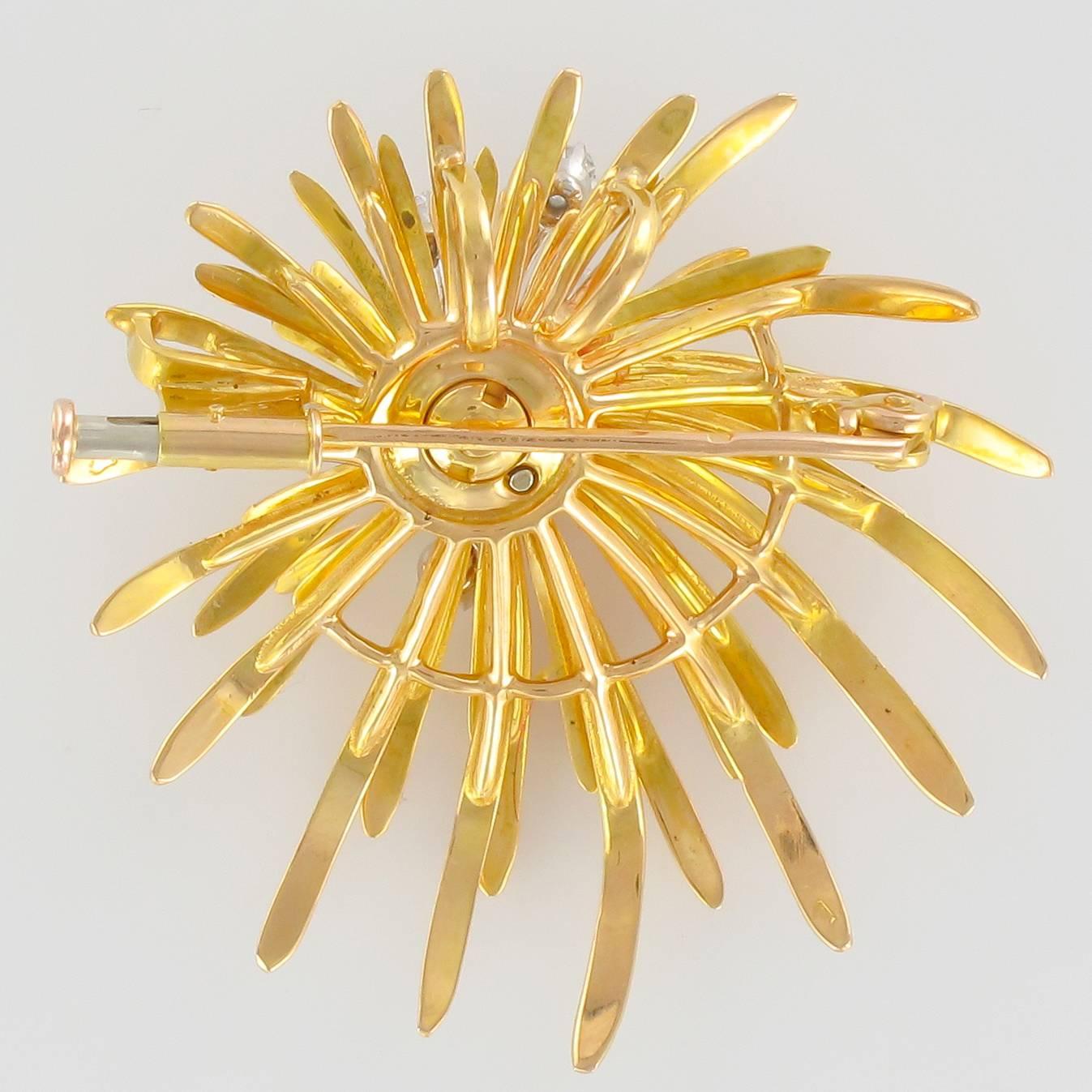 French Retro Diamond Gold Floral Brooch For Sale 4