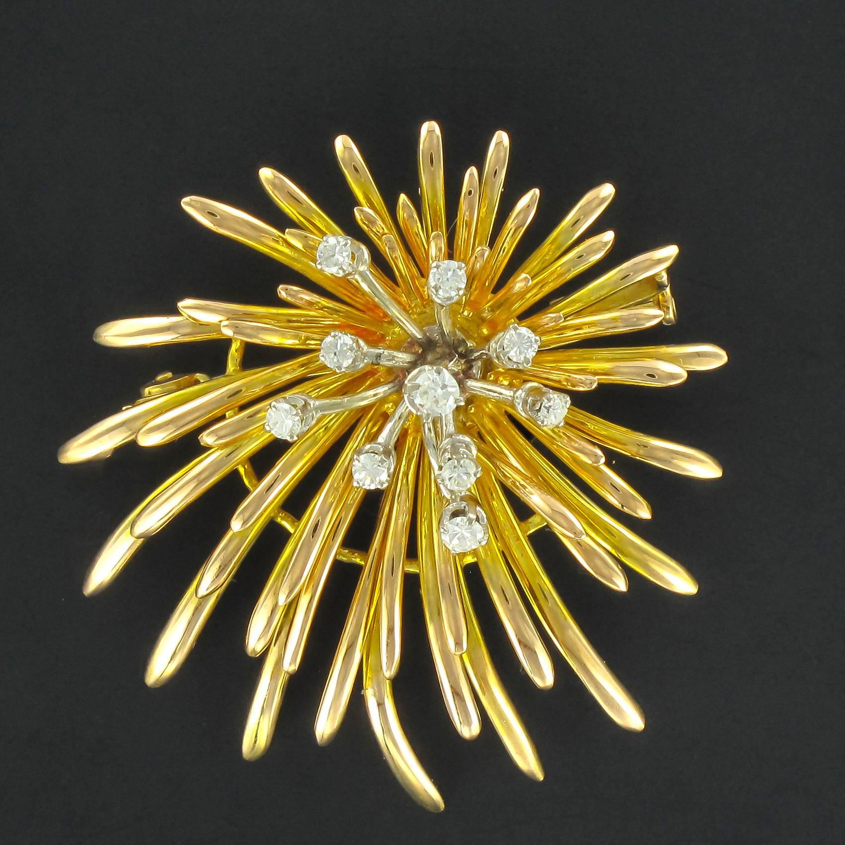 Französische Retro-Diamant-Gold-Brosche mit Blumen im Angebot 3