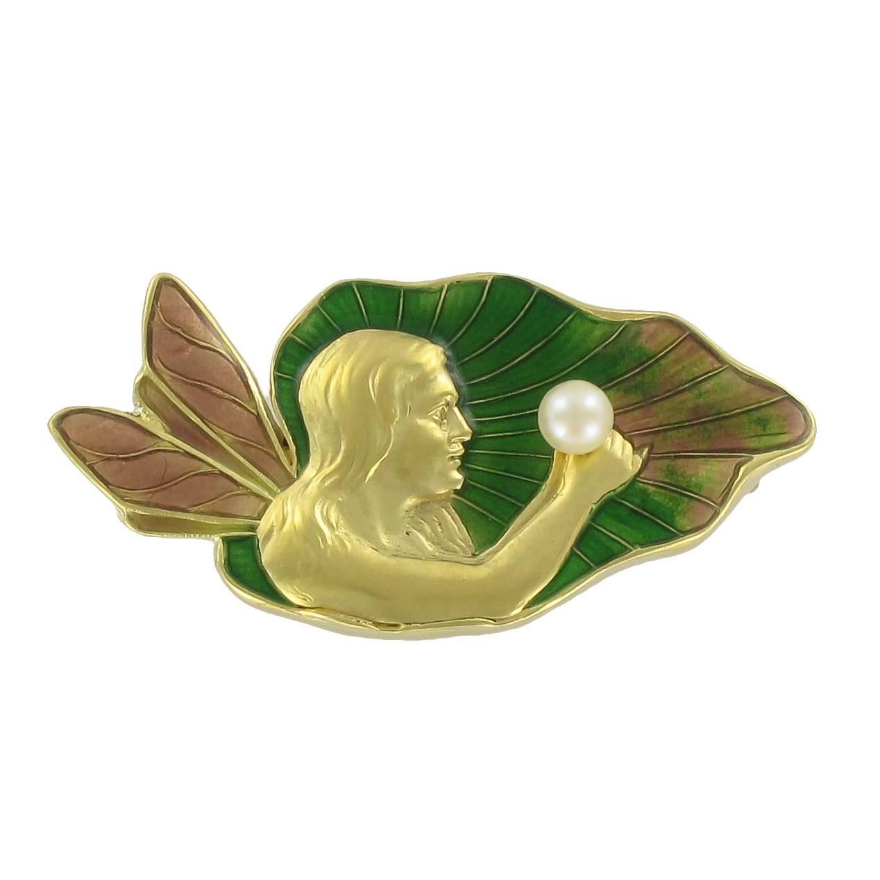 French Art Nouveau Enamel and Pearl Gold Brooch