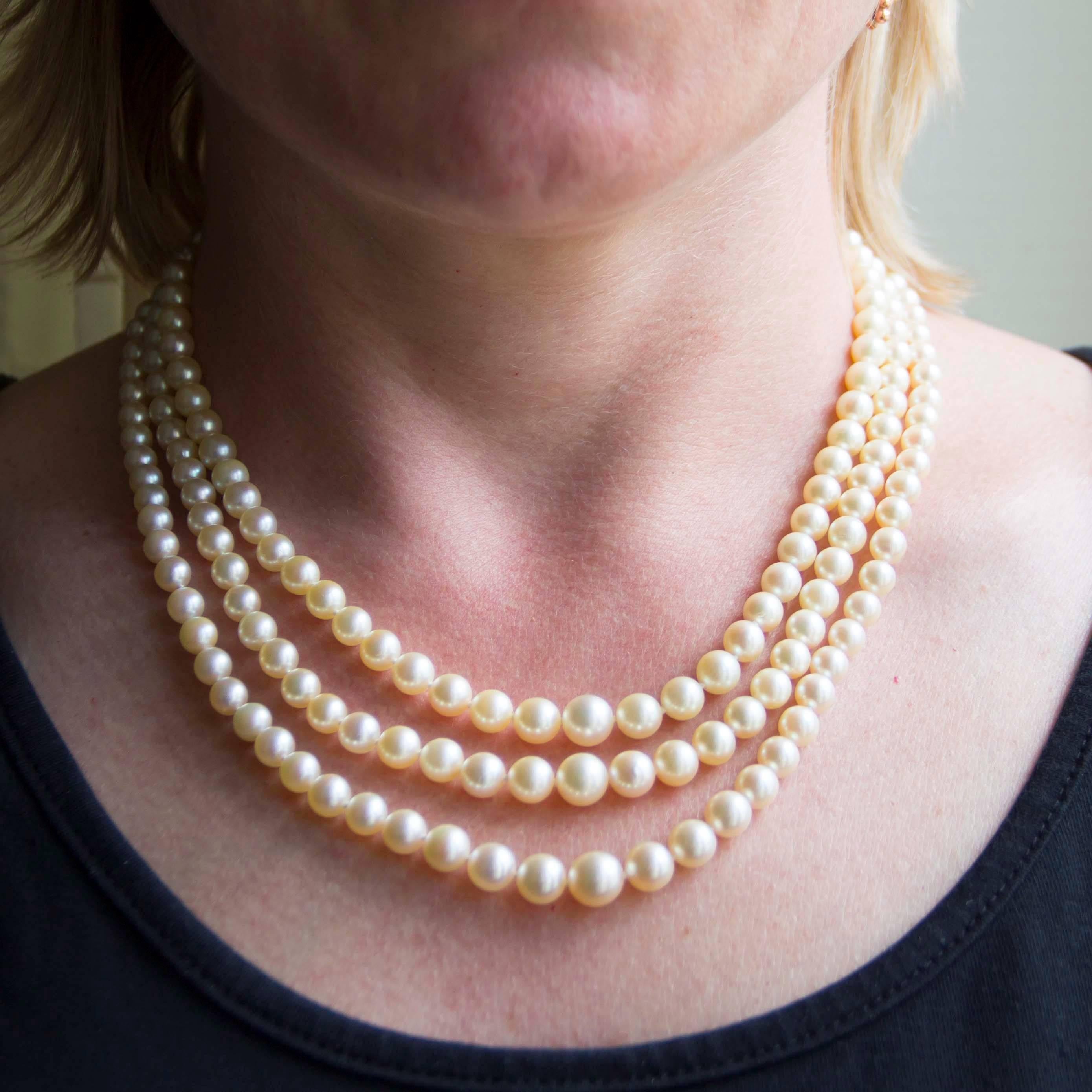 Retro French Three-Strand Japanese Cultured Round White Pearl Necklace