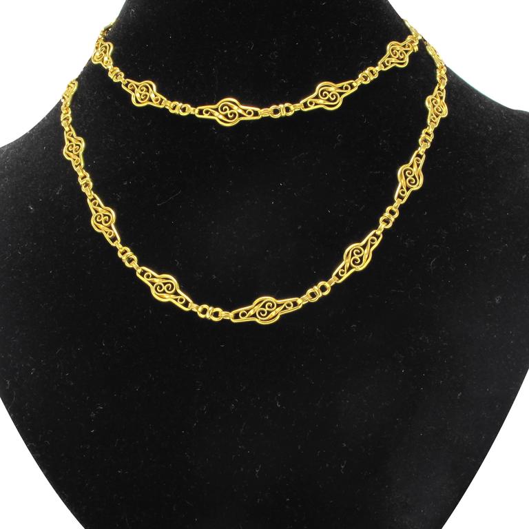 1900s French Gold Matinee Necklace with Filigree Motifs at 1stDibs matinee necklaces