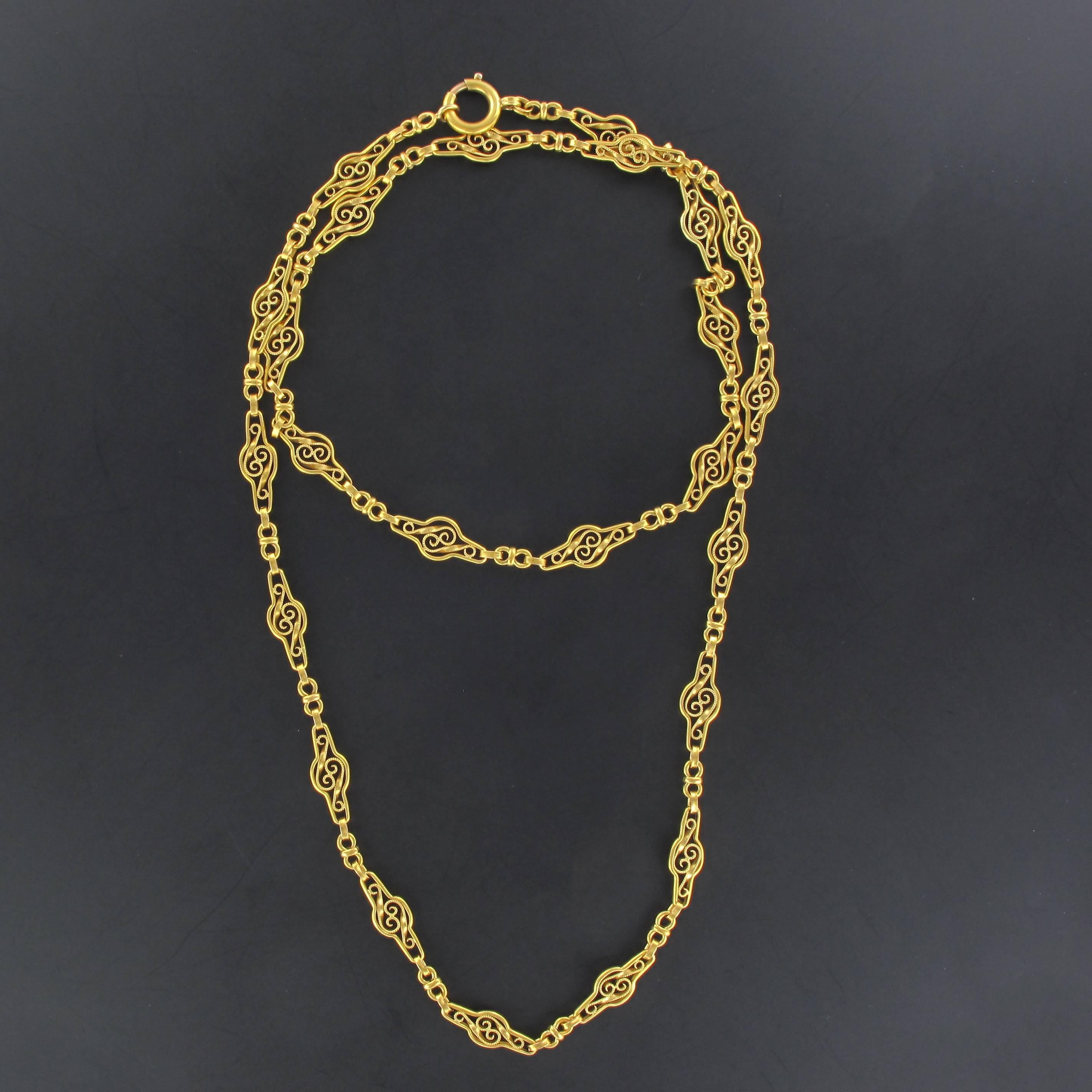 Belle Époque 1900s French Gold Matinee Necklace with Filigree Motifs