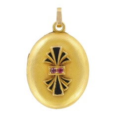 Napoleon III Oval Enamel and Ruby Medallion Locket Pendant