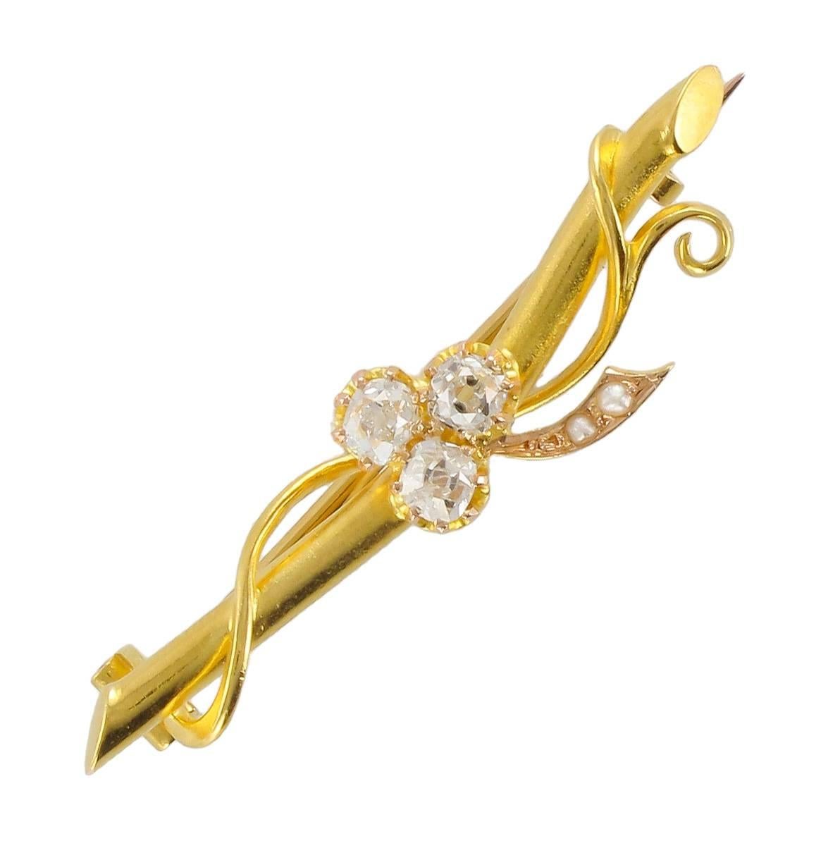 French 1900s Antique Clover Leaf Diamond Natural Pearl Brooch, Belle Époque