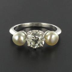 Baume Creation Cushion Cut Diamond and Natural Pearl Ring