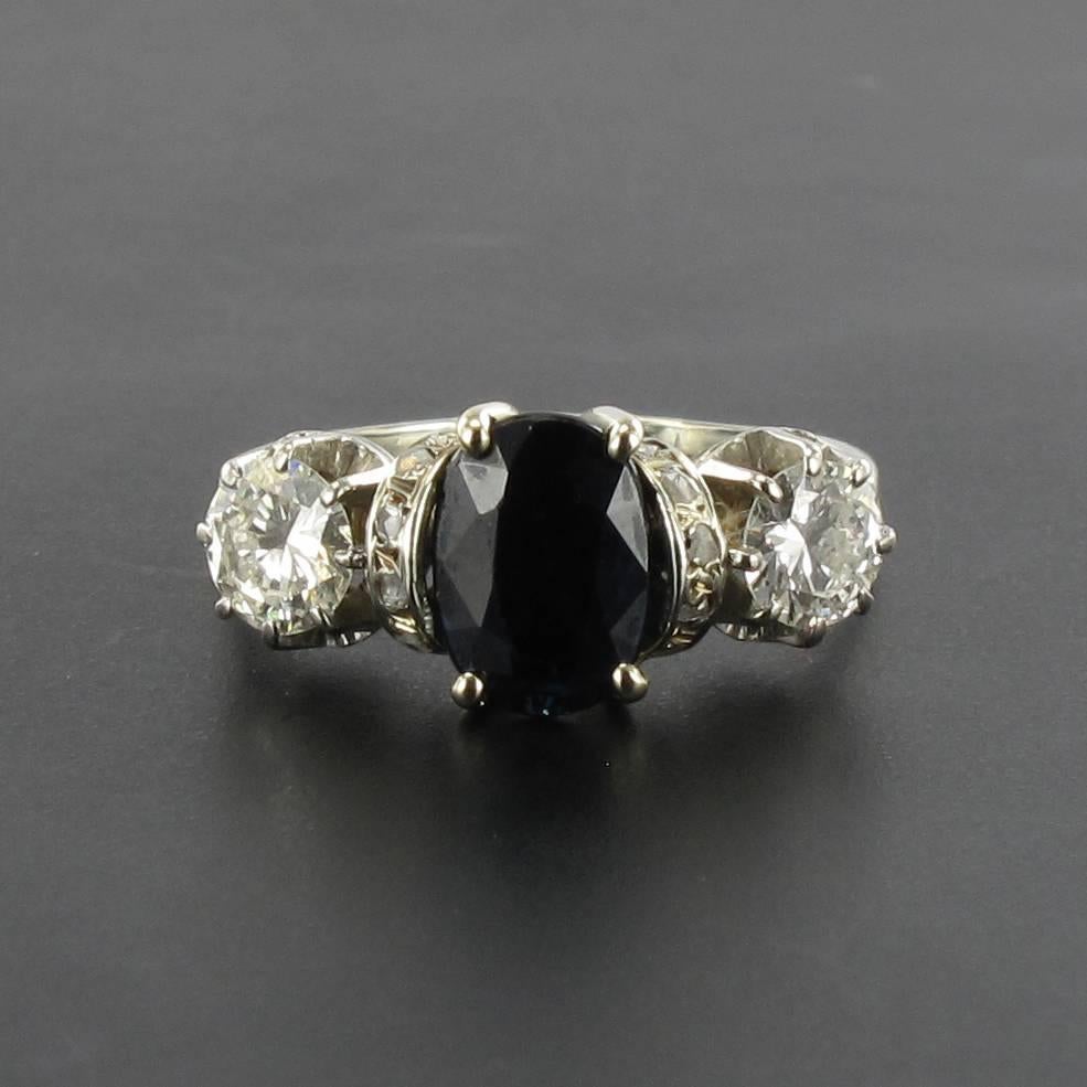 Women's 1900s French White Gold Diamond Sapphire Ring