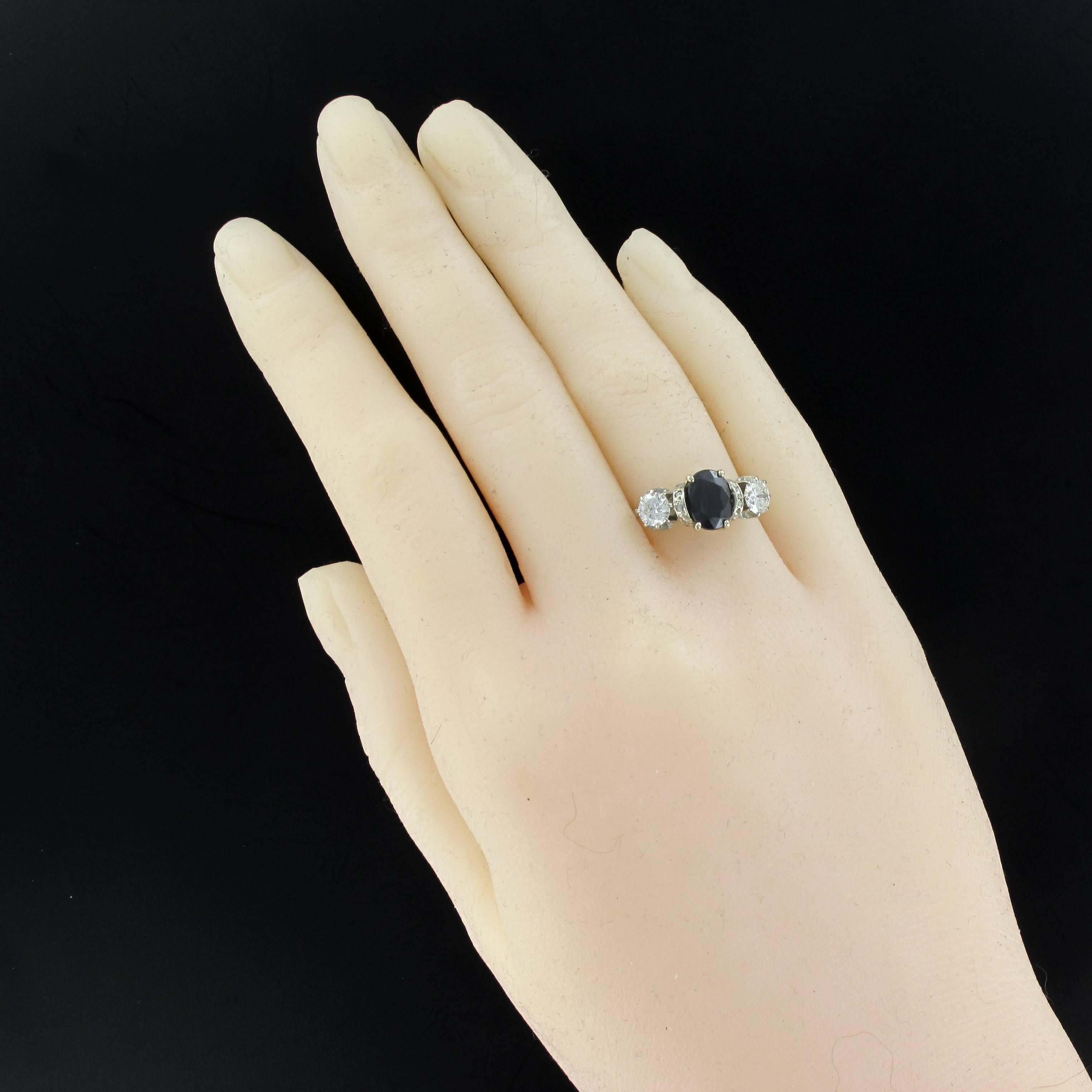Belle Époque 1900s French White Gold Diamond Sapphire Ring