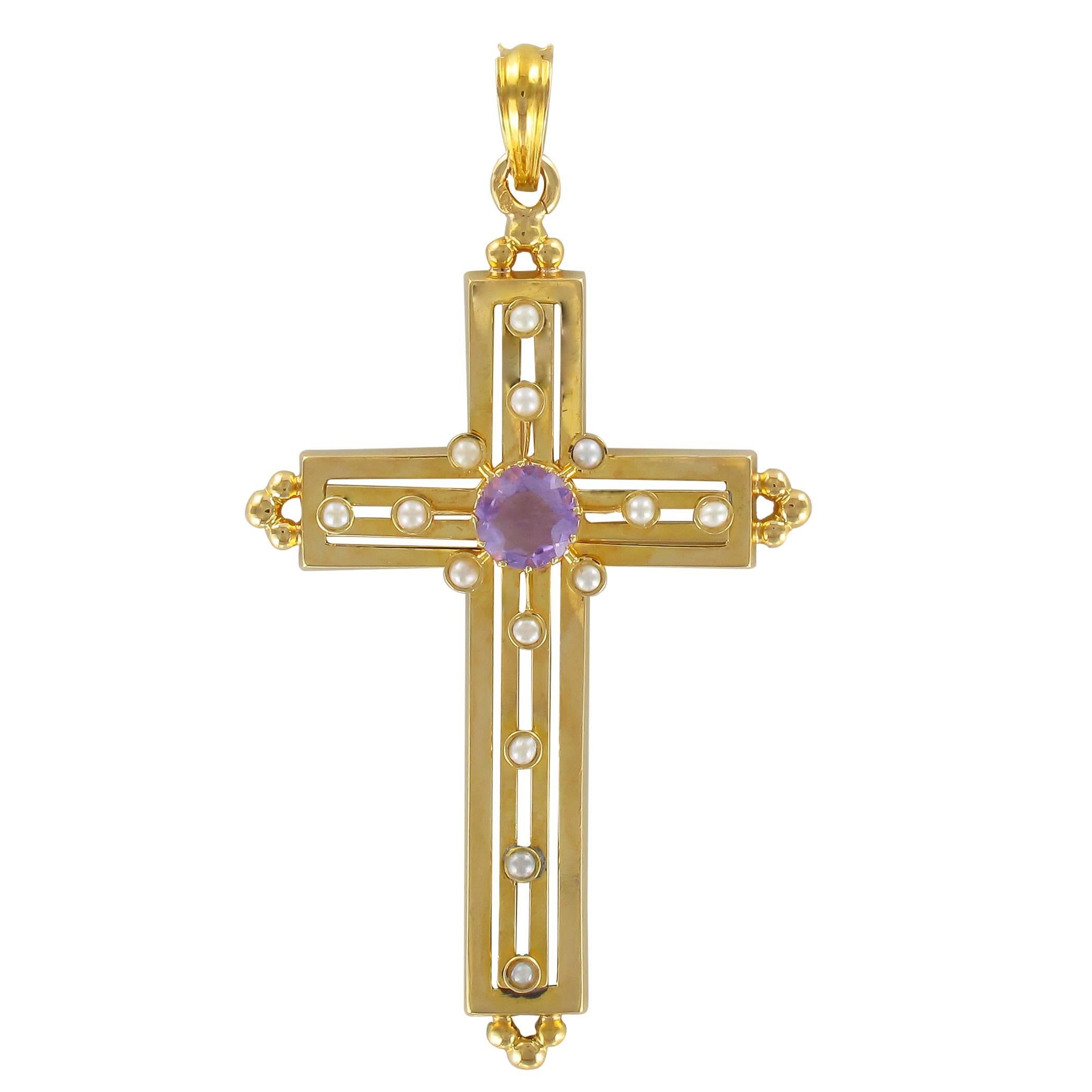 French 1900s Antique Yellow Gold Natural Pearl Amethyst Cross