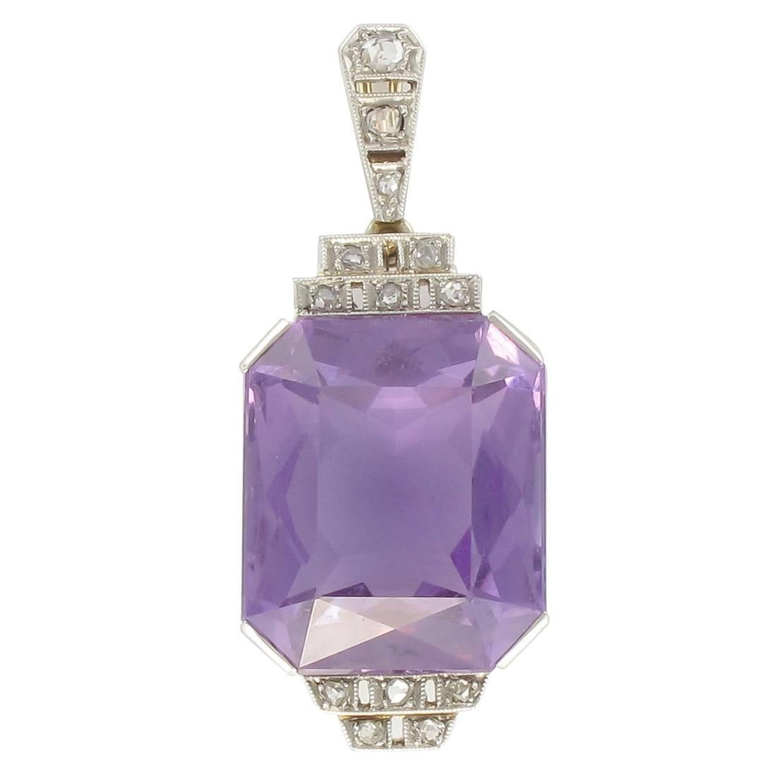 French Antique Art Deco Amethyst Diamond Platinum Pendant