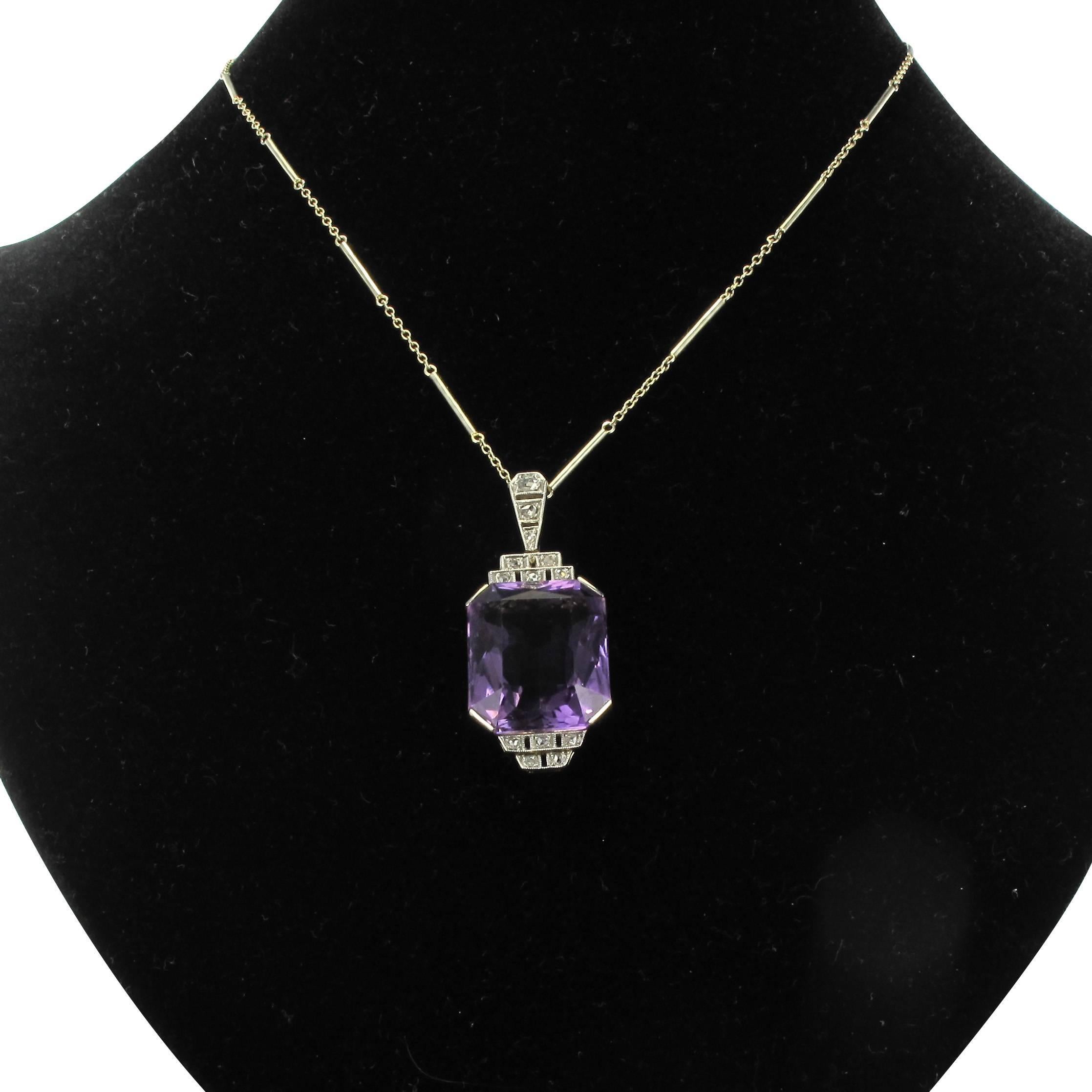 Women's French Antique Art Deco Amethyst Diamond Platinum Pendant