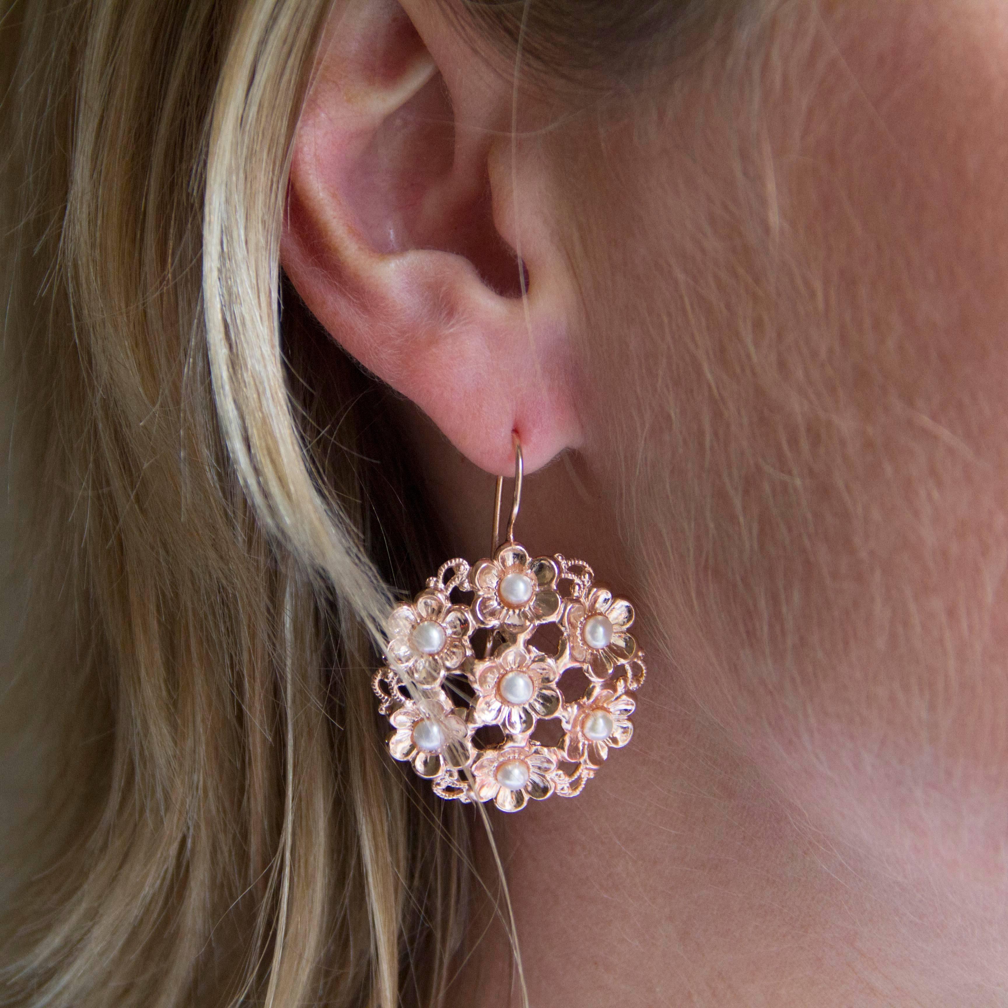 Romantic Italian Flower Pearl Rose Vermeil Drop Earrings