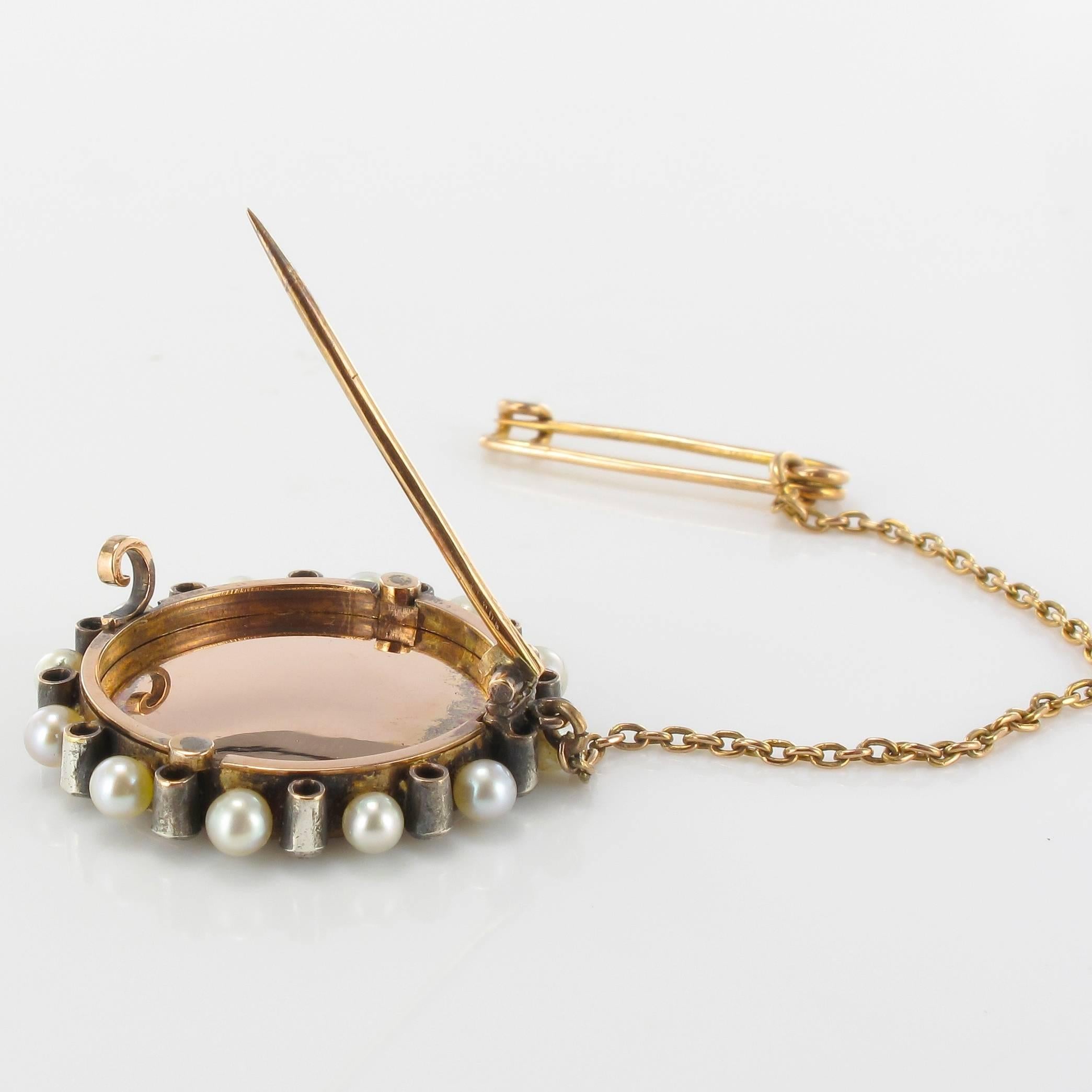 19ème siècle Napoléon 3 Porcelaine Miniature Perle Naturelle Diamant Broche Excellent état - En vente à Poitiers, FR