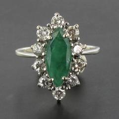 French 1970s White Gold Emerald Diamond Retro Marquise Ring