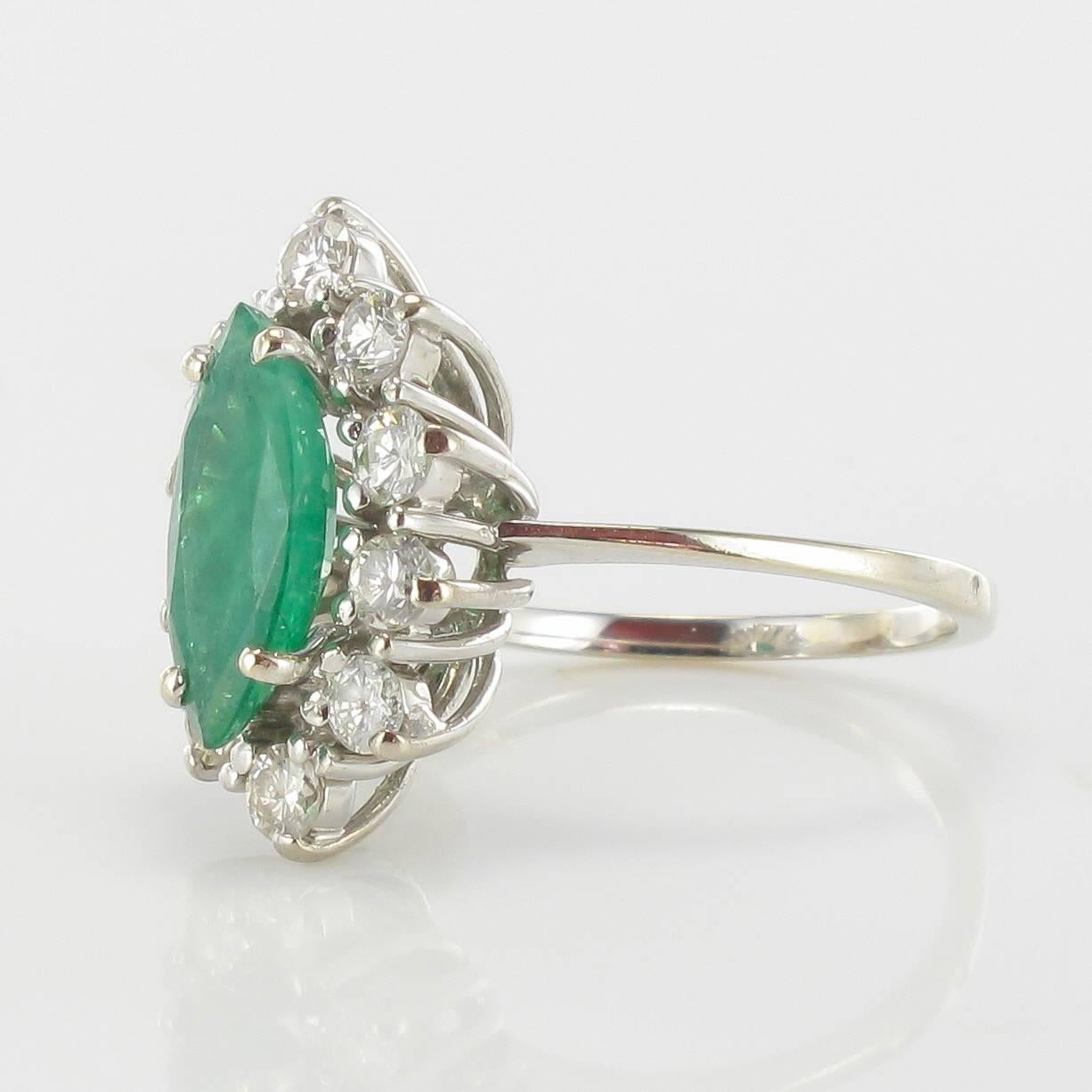 French 1970s White Gold Emerald Diamond Retro Marquise Ring at 1stDibs