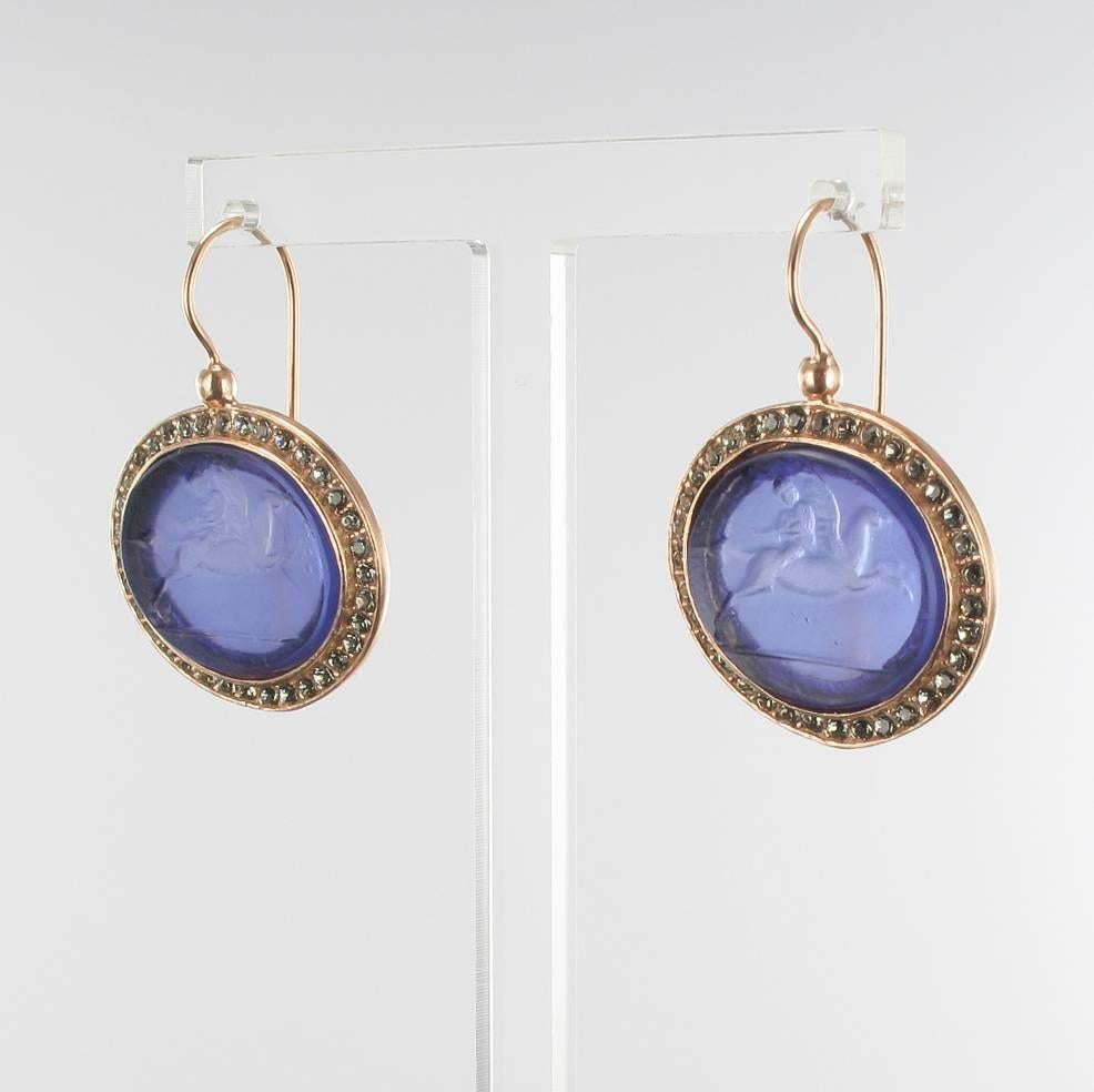 Italian Violet Intaglio Crystal Vermeil Drop Earrings In New Condition In Poitiers, FR
