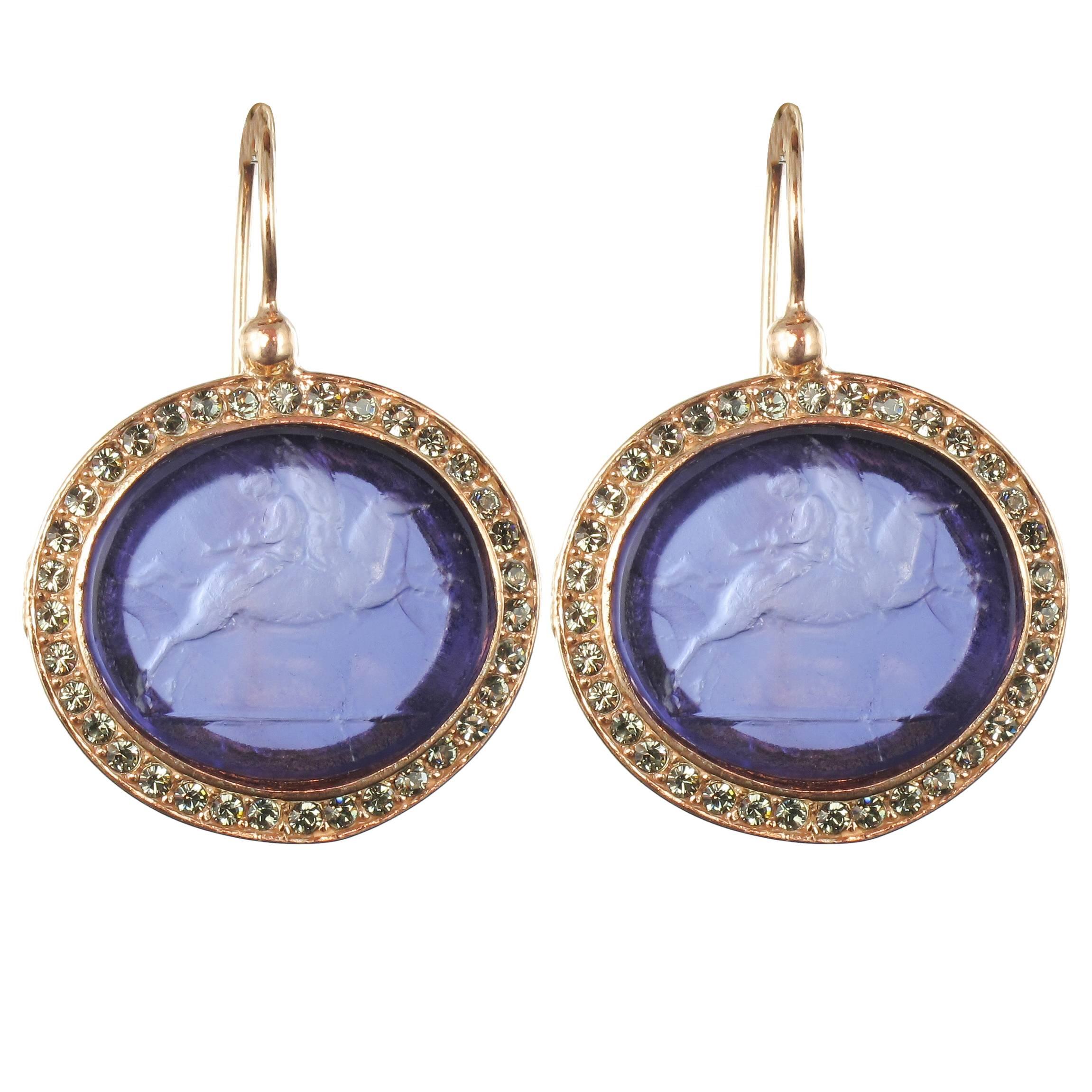 Italian Violet Intaglio Crystal Vermeil Drop Earrings