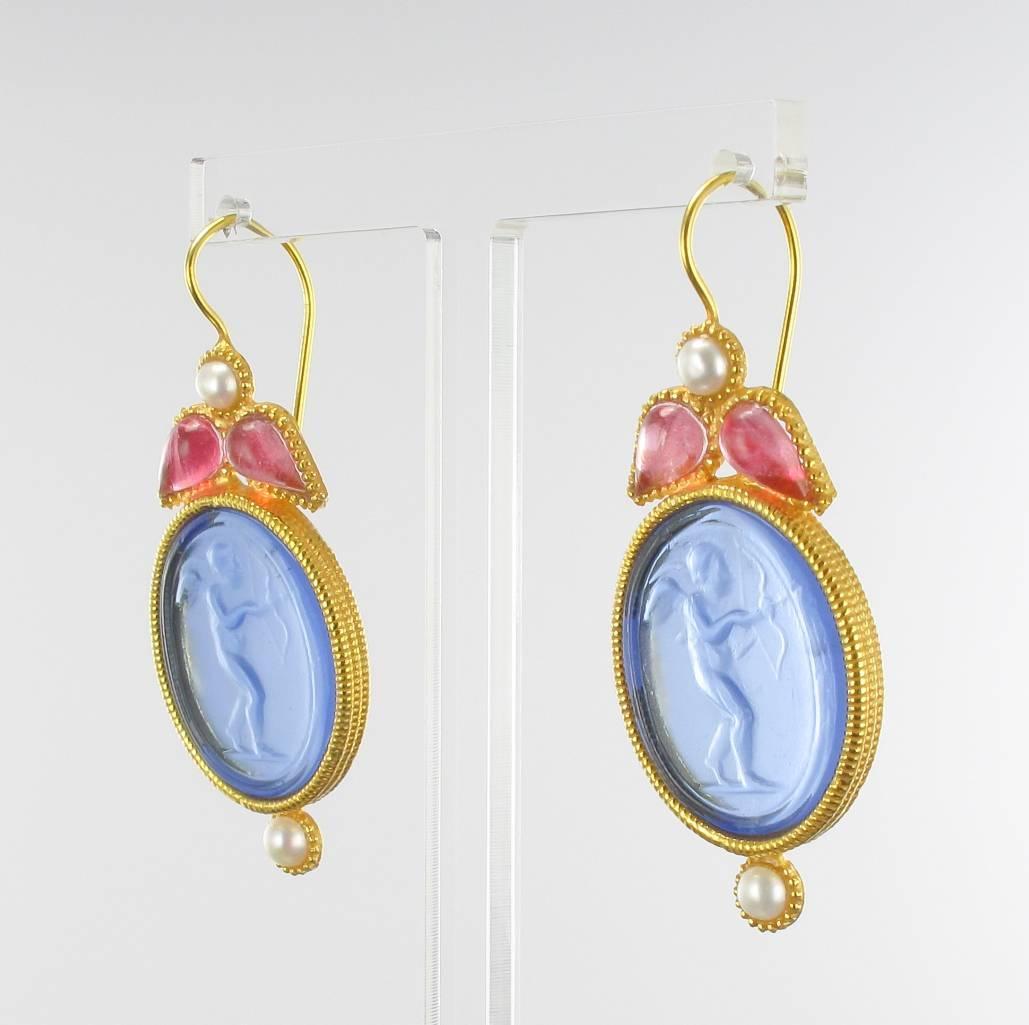 Greek Revival Italian Crystal Pearl Blue Intaglio Vermeil Drop Earrings