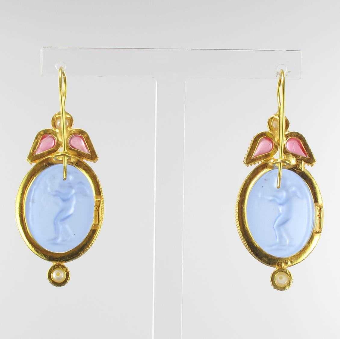 Women's Italian Crystal Pearl Blue Intaglio Vermeil Drop Earrings
