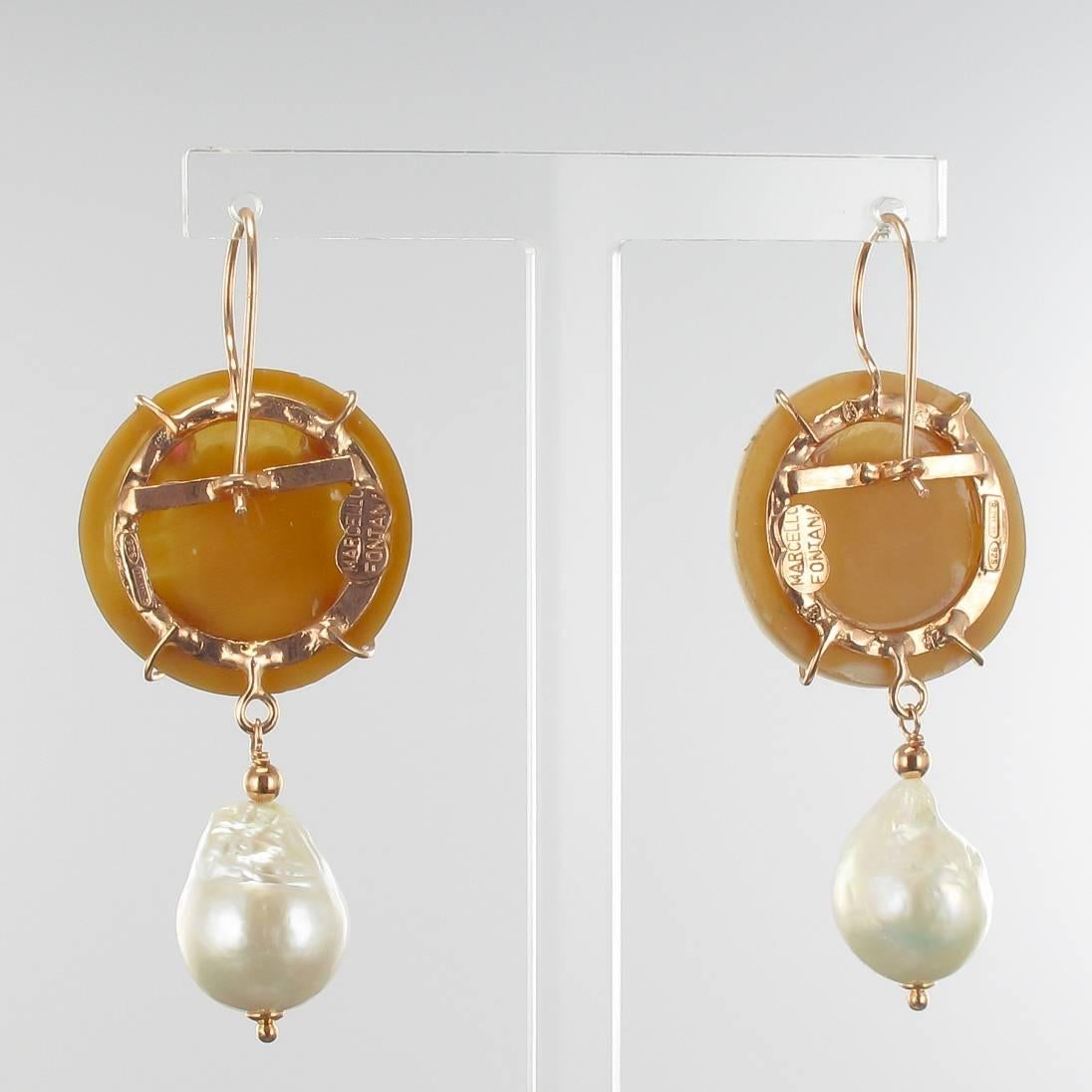 Women's Italian Shell Cameo Crystal and Baroque Pearl Earrings