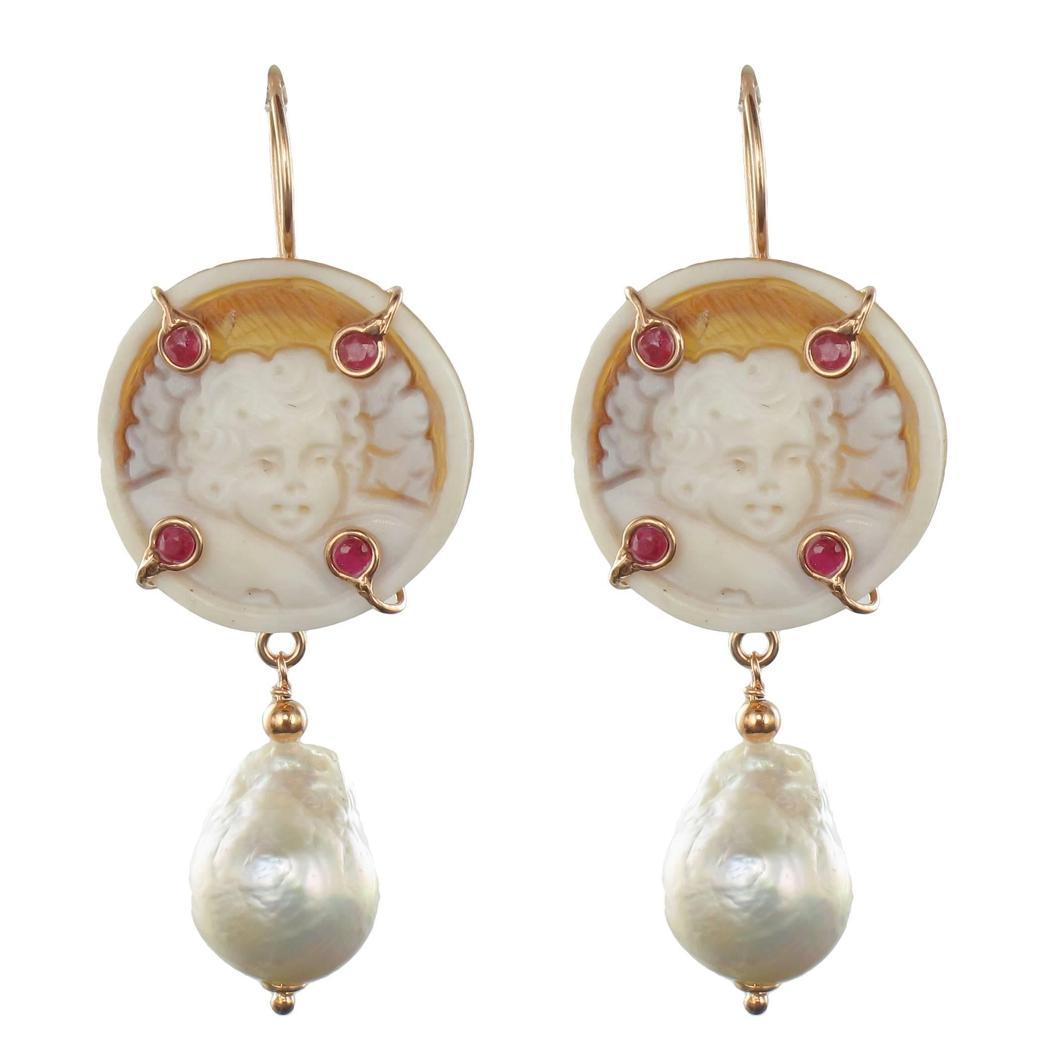 Italian Shell Cameo Crystal and Baroque Pearl Earrings