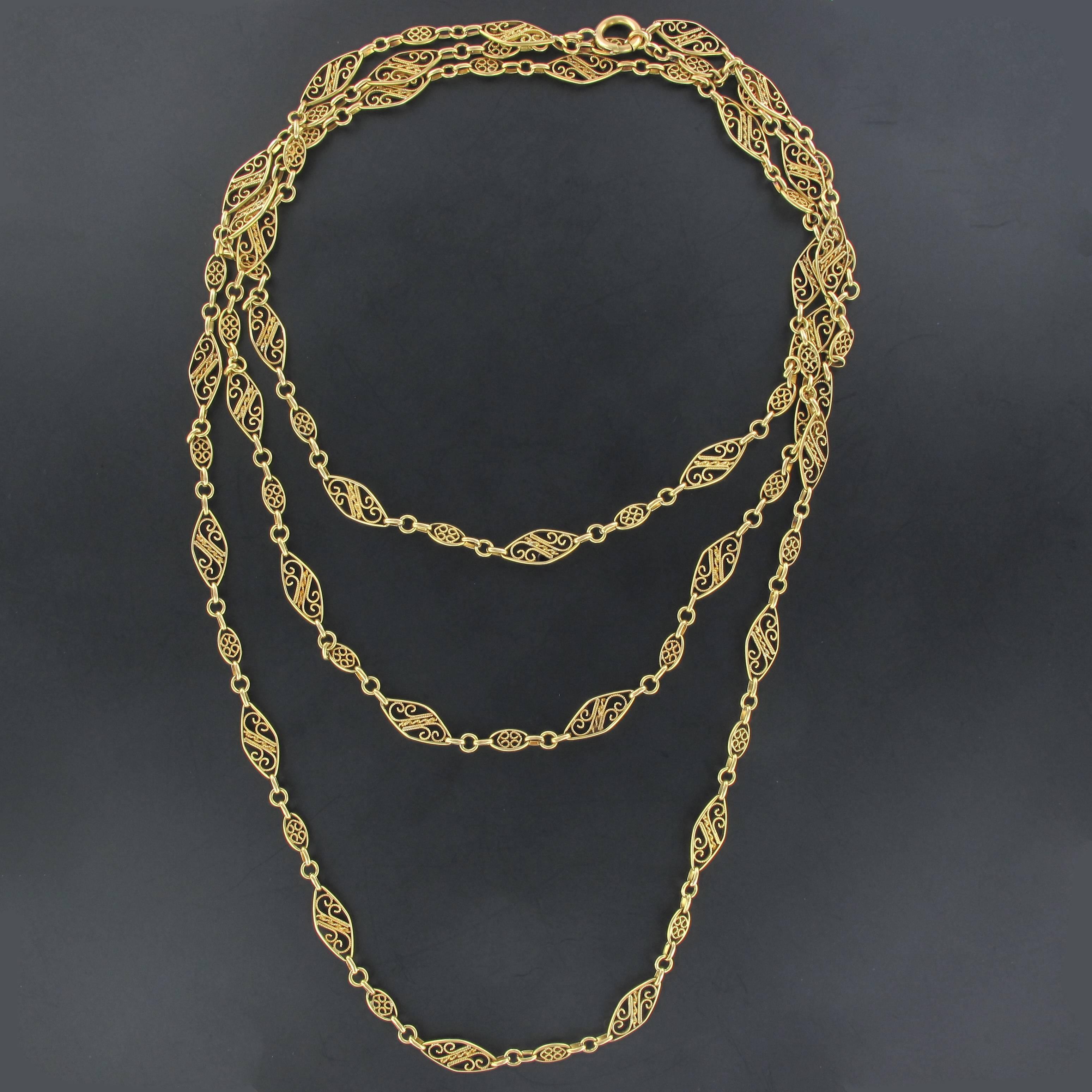 Women's 1900s French Gold Matinee Necklace with Filigree Motifs