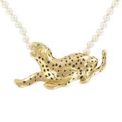 Pearl Necklace and Enamel Gold Panther Motif
