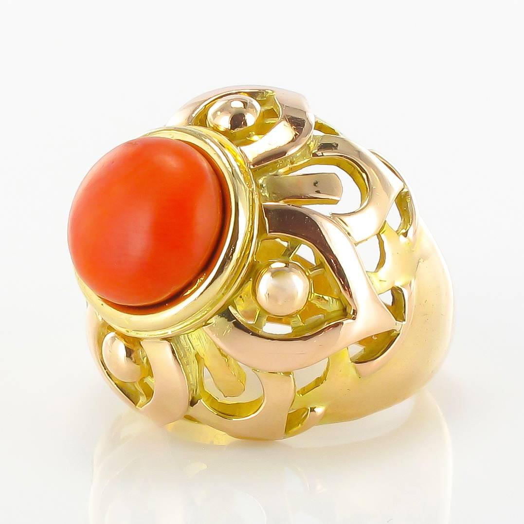 Modern French Vintage 1980s Mediterranean Coral Gold Dome Ring For Sale