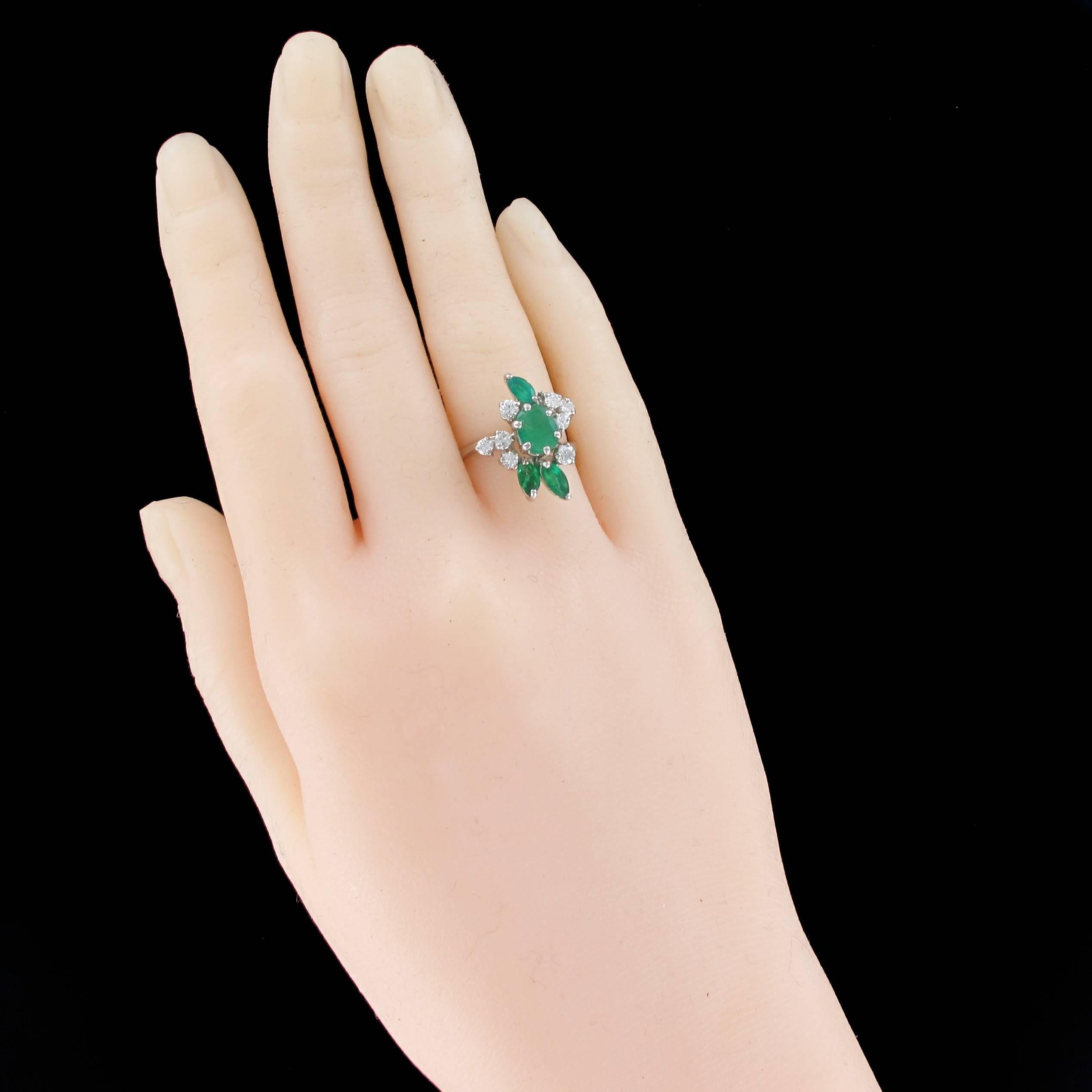 Retro French 1970s Emerald Diamond 18 Carat White Gold Ring