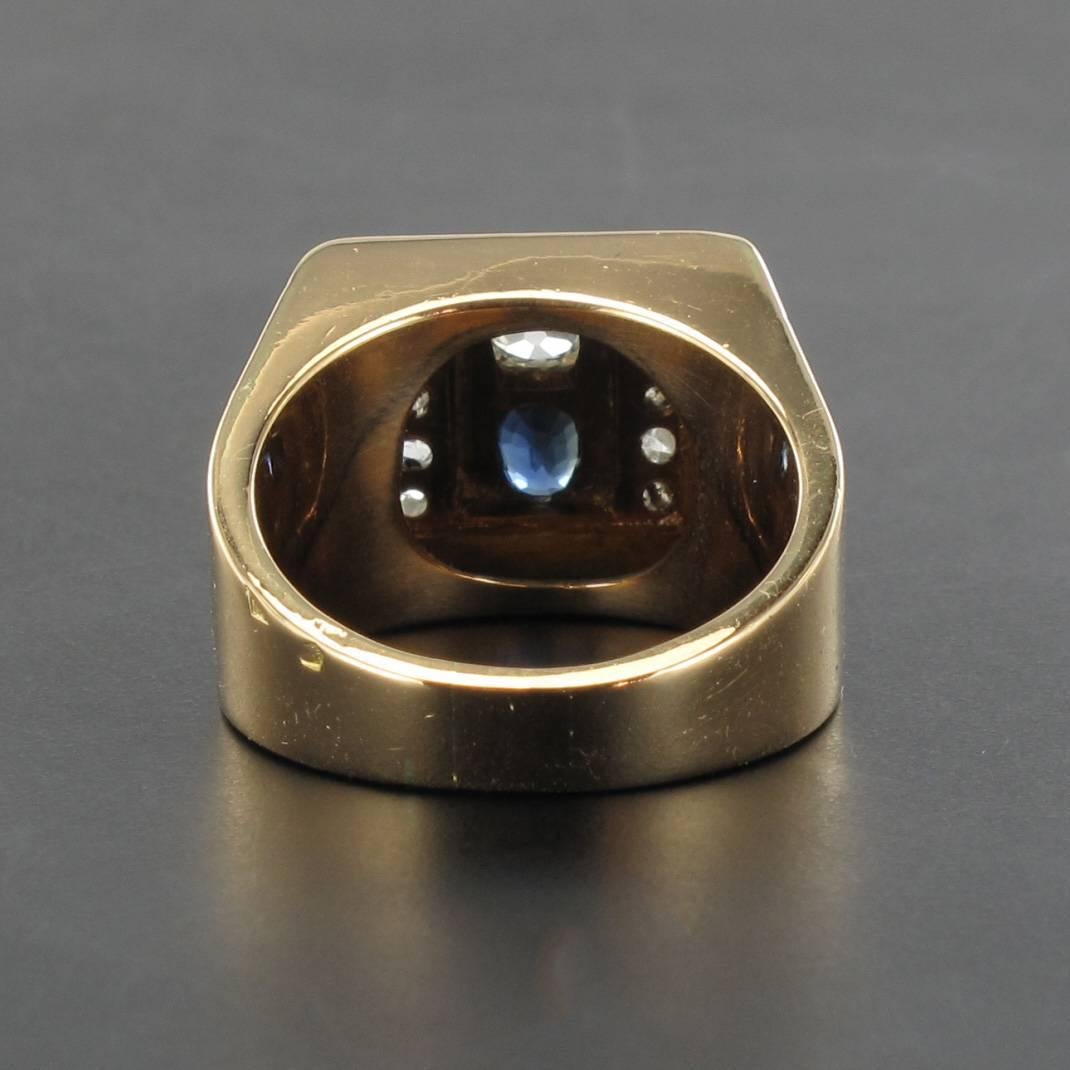 Women's French 1940s Tank Sapphire Diamond Rose Gold Retro Signet Ring