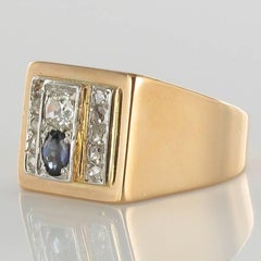 French 1940s Tank Sapphire Diamond Rose Gold Retro Signet Ring