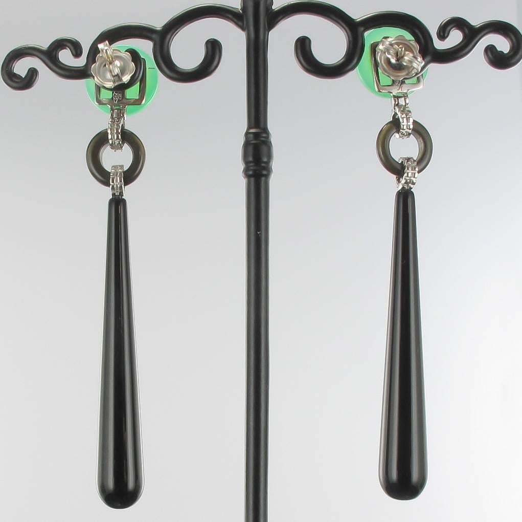 Women's Chrysoprase Onyx Diamond White Gold Dangle Earrings