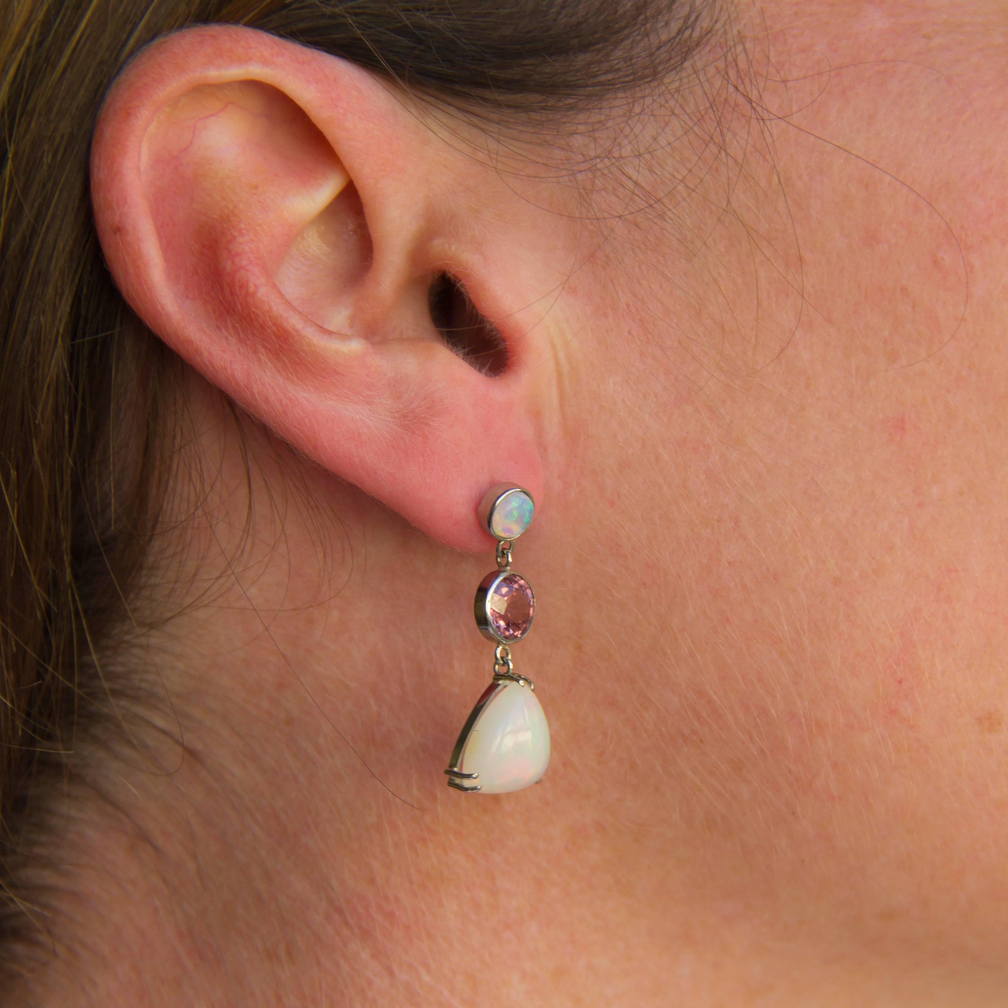 Modern Baume 7.87 Carat Opal Burma Garnet White Gold Dangle Earrings
