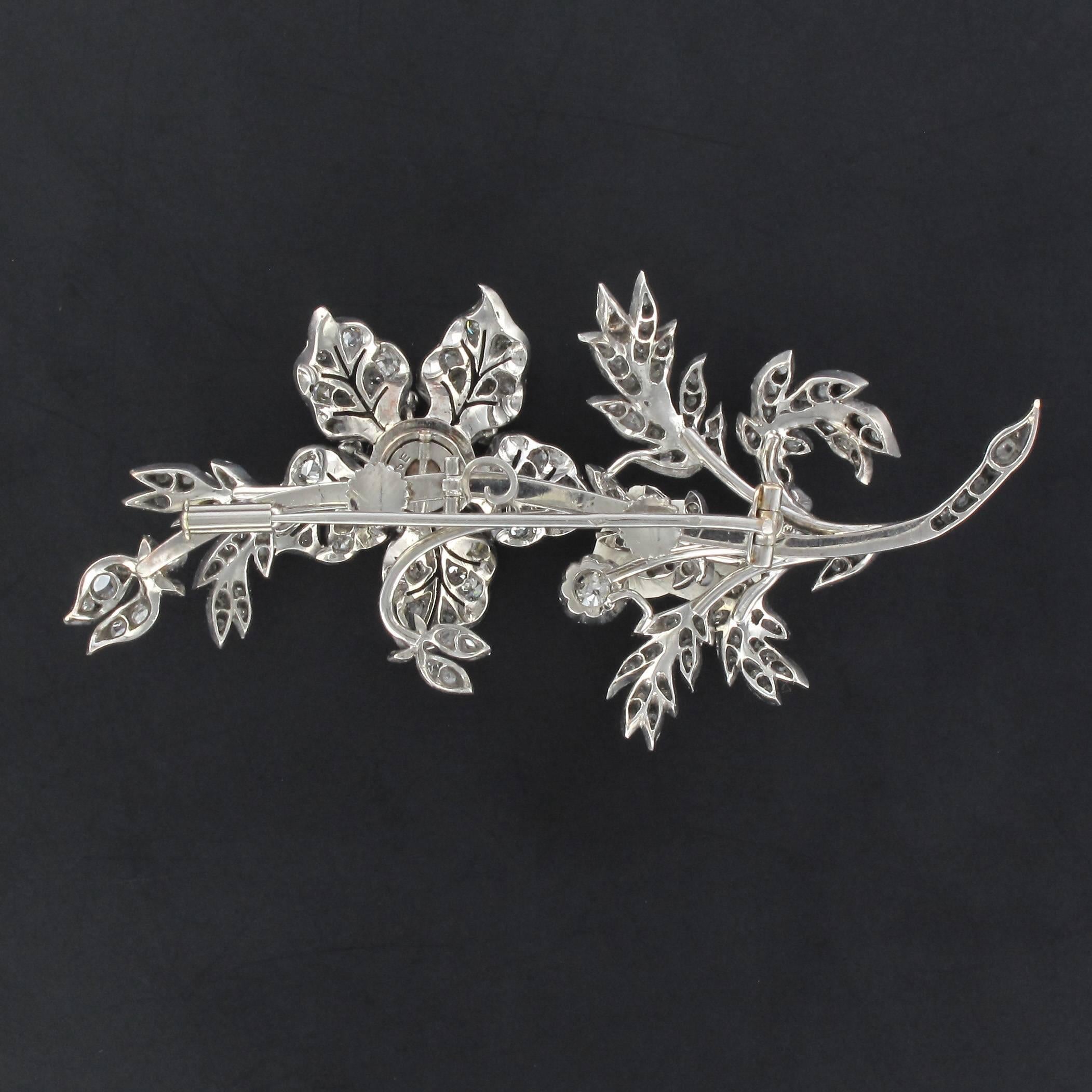 French 19th Century Flower Diamond White Gold Silver 