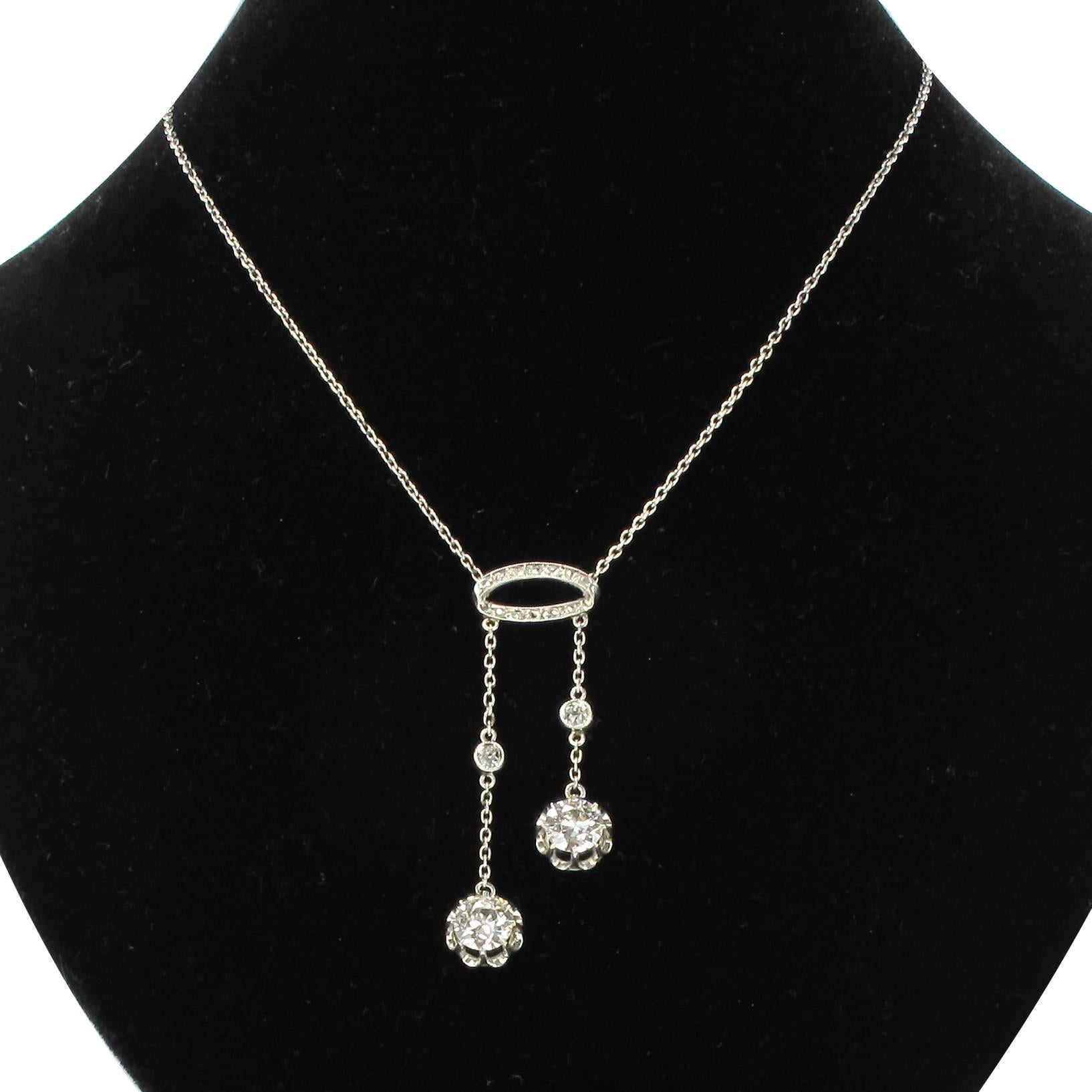 French Belle Époque 2.06 Carat Diamond Pendant Chain Neglige Necklace 11