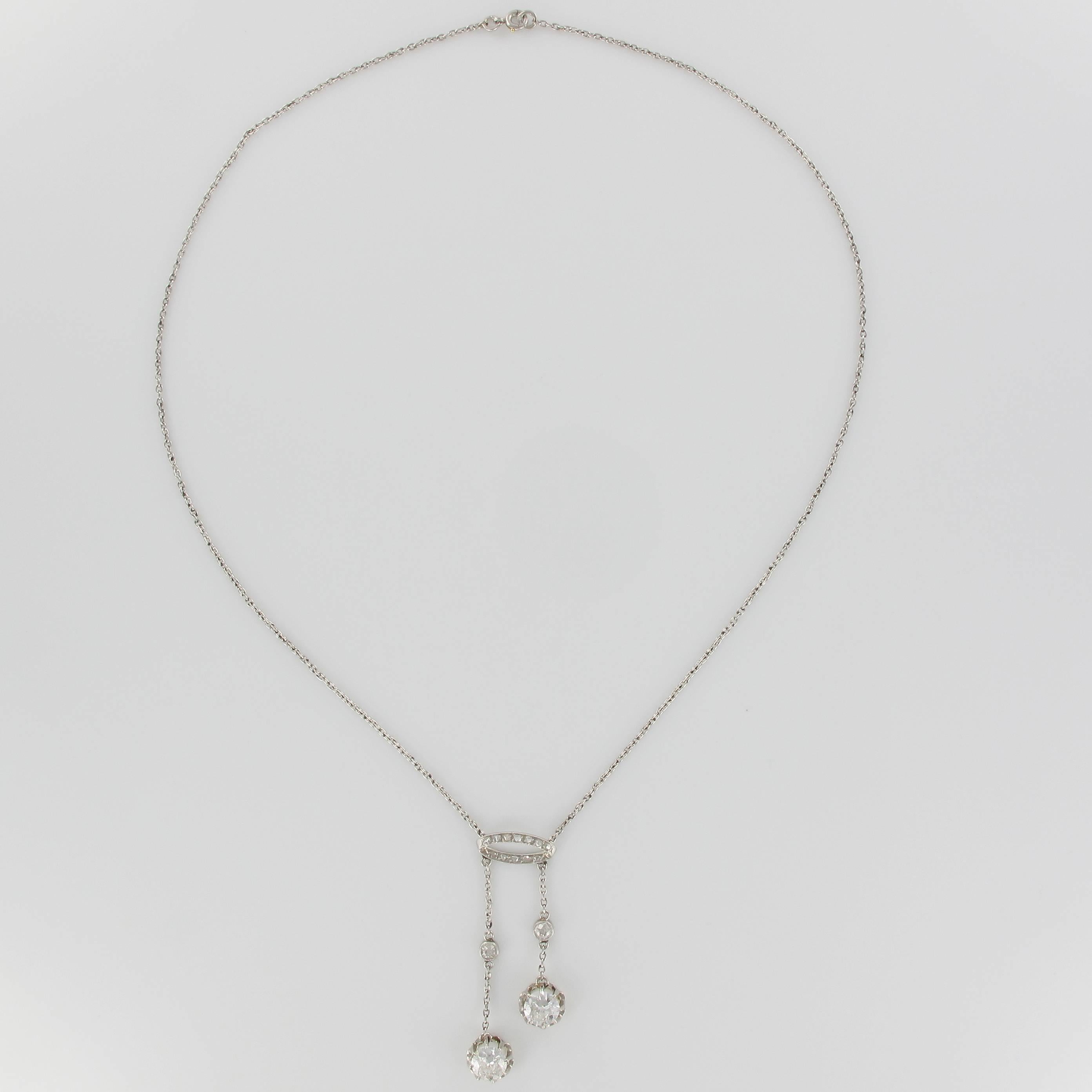 French Belle Époque 2.06 Carat Diamond Pendant Chain Neglige Necklace 13