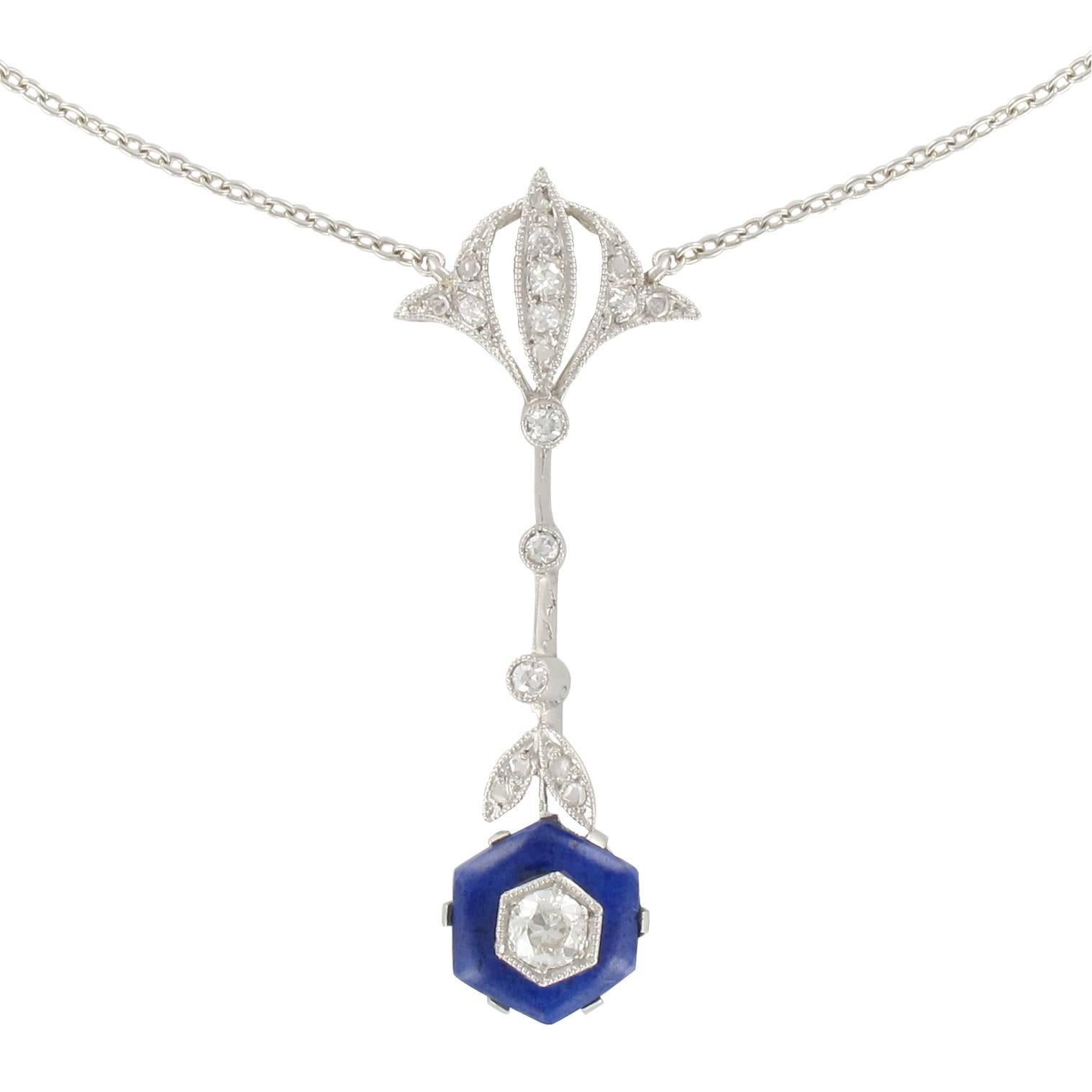 1925 French Art Deco Platinum Lapis Lazuli Diamond Pendant Chain Necklace