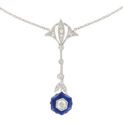 1925 French Art Deco Platinum Lapis Lazuli Diamond Pendant Chain Necklace