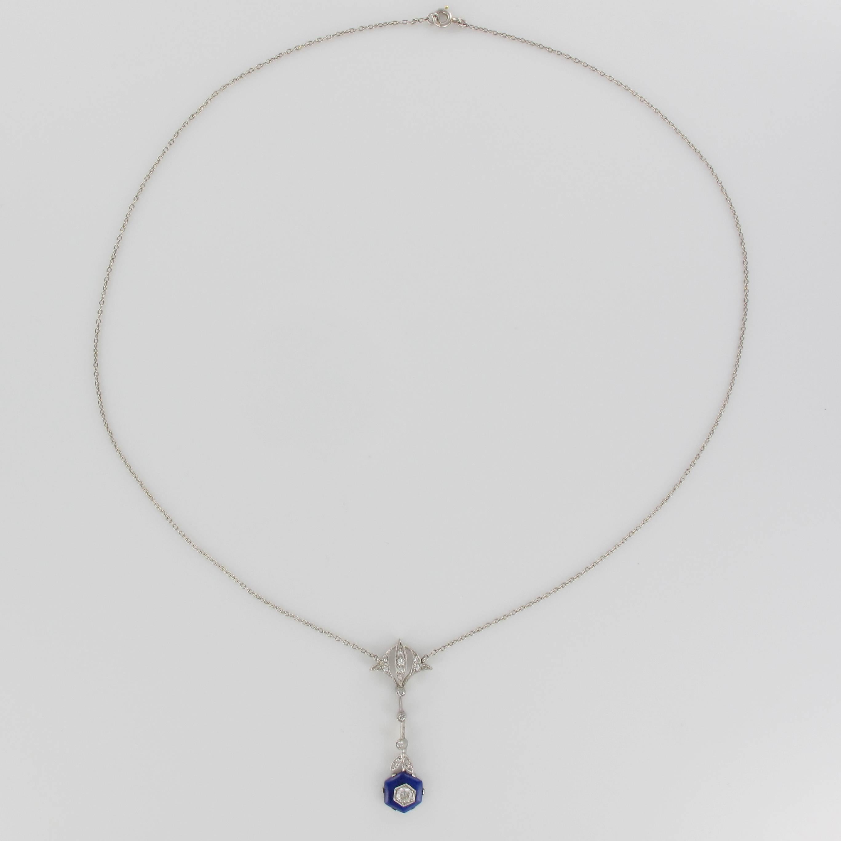 Women's 1925 French Art Deco Platinum Lapis Lazuli Diamond Pendant Chain Necklace