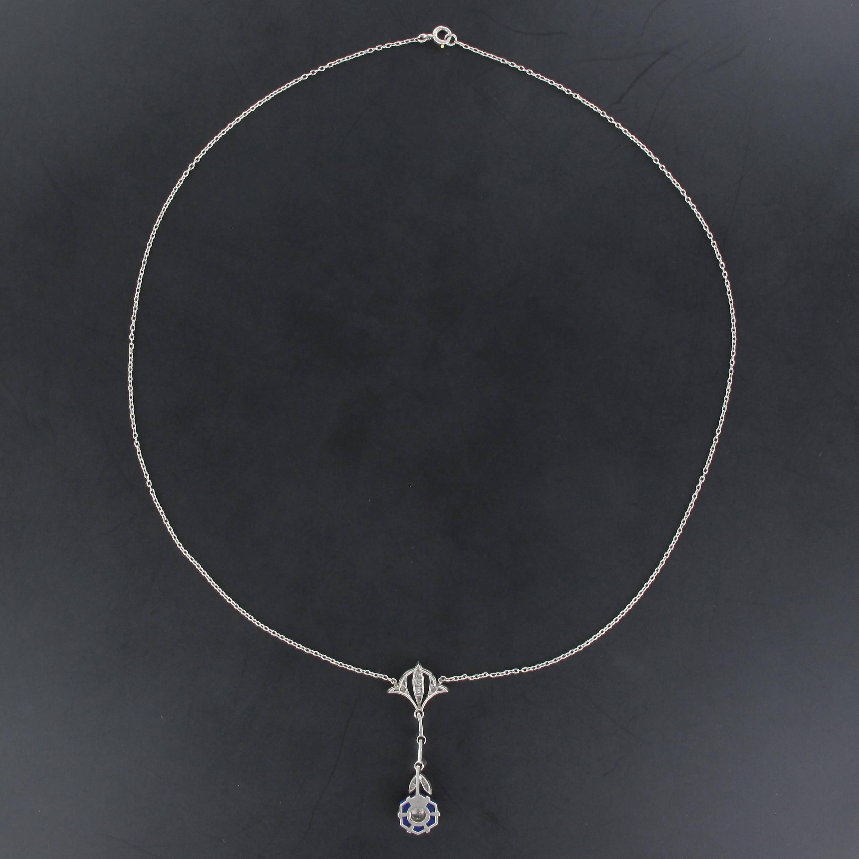 1925 French Art Deco Platinum Lapis Lazuli Diamond Pendant Chain Necklace 1