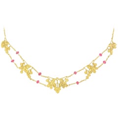 French 1950s 18 Carat Yellow Gold Pink Spinel Beads Drapery Necklace