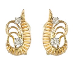 French 1960s Diamond 18 Carat Yellow Gold Retro Stud Earrings
