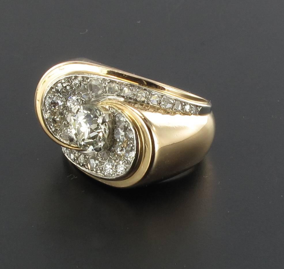 French 1940s Retro 1.50 Carat Diamond Platinum Yellow Gold Tank Ring 1