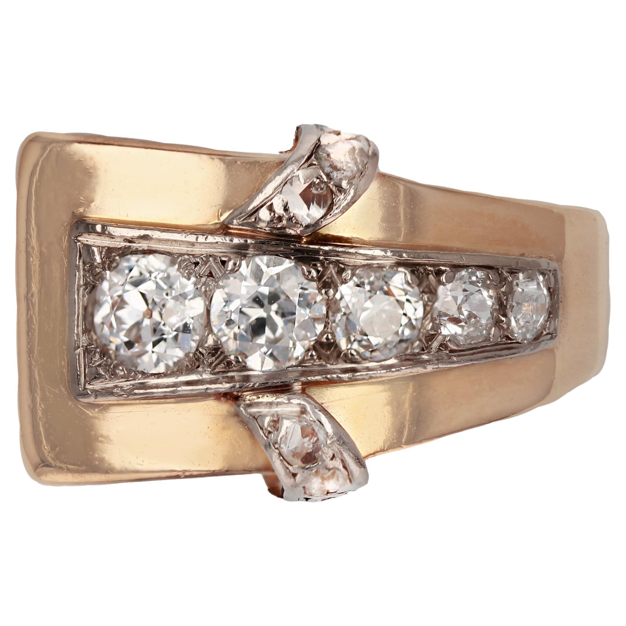 French 1940s Diamonds 18 Karat Rose Gold Asymetrical Tank Ring For Sale