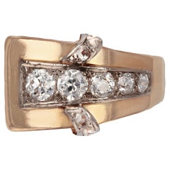 Vintage French 1940s Diamonds 18 Karat Rose Gold Asymetrical Tank Ring