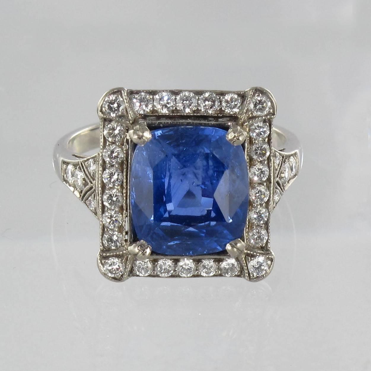 Art Deco Style French 5 Carat Ceylon Sapphire Diamond 18 Karat White Gold Ring For Sale 9